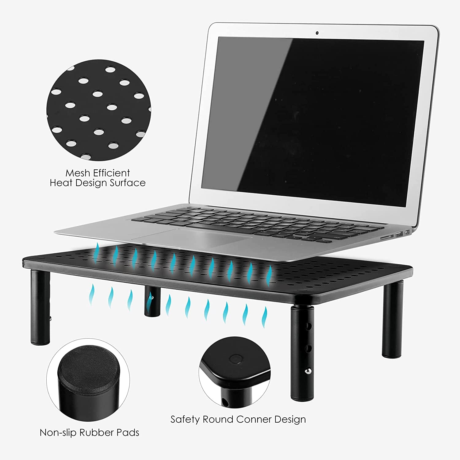 🖥️ Adjustable Metal Monitor Riser Stand – Ergonomic Mesh Platform with 3 Height Settings | Sturdy Computer Stand for Flat Screen Monitors, Laptops, Printers & iMac