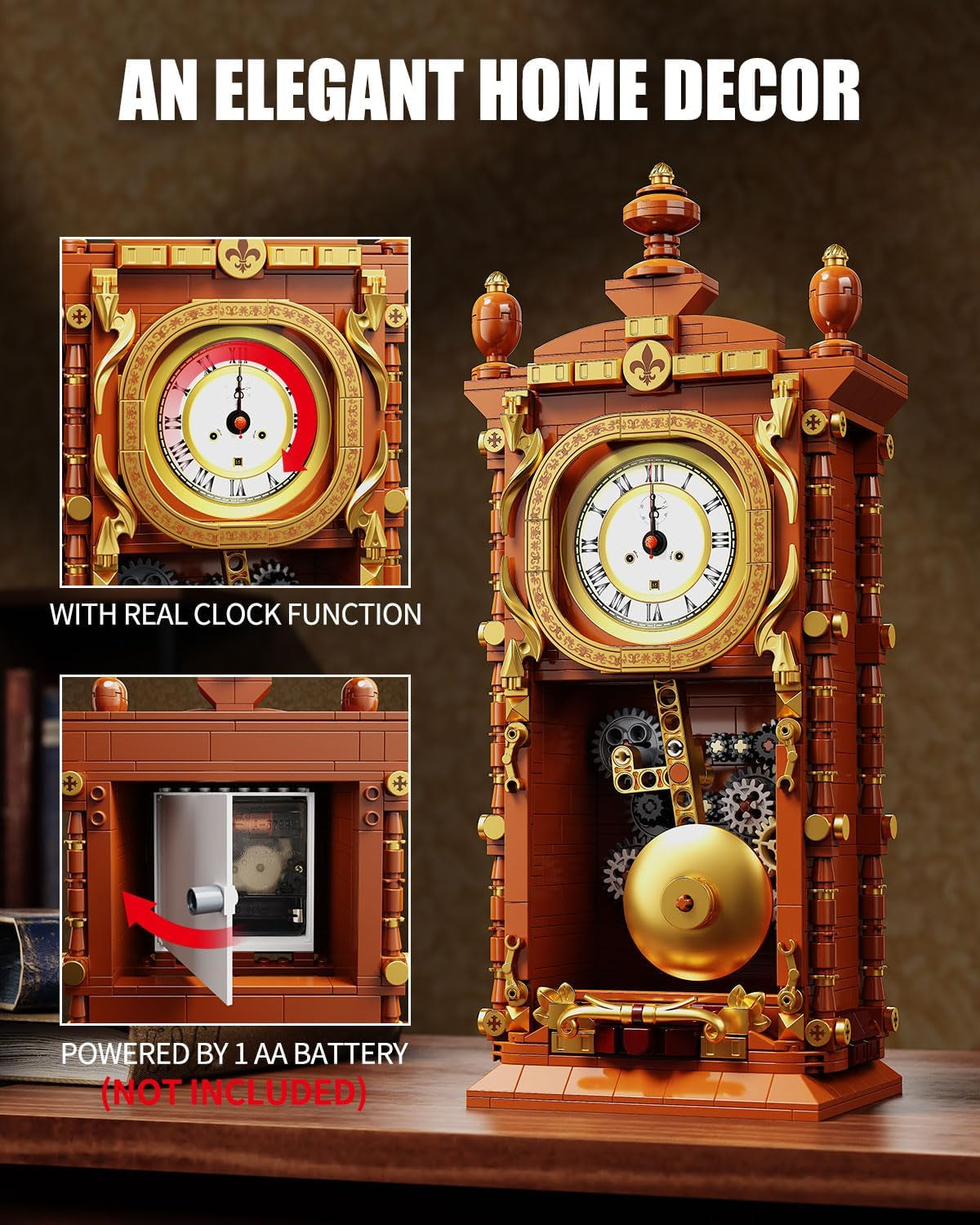 Vintage Pendulum Clock Building Block Set – Functional Mechanical Clock with Swinging Pendulum | 751-Piece STEM Kit & Geeky Home Decor for Adults and Collectors