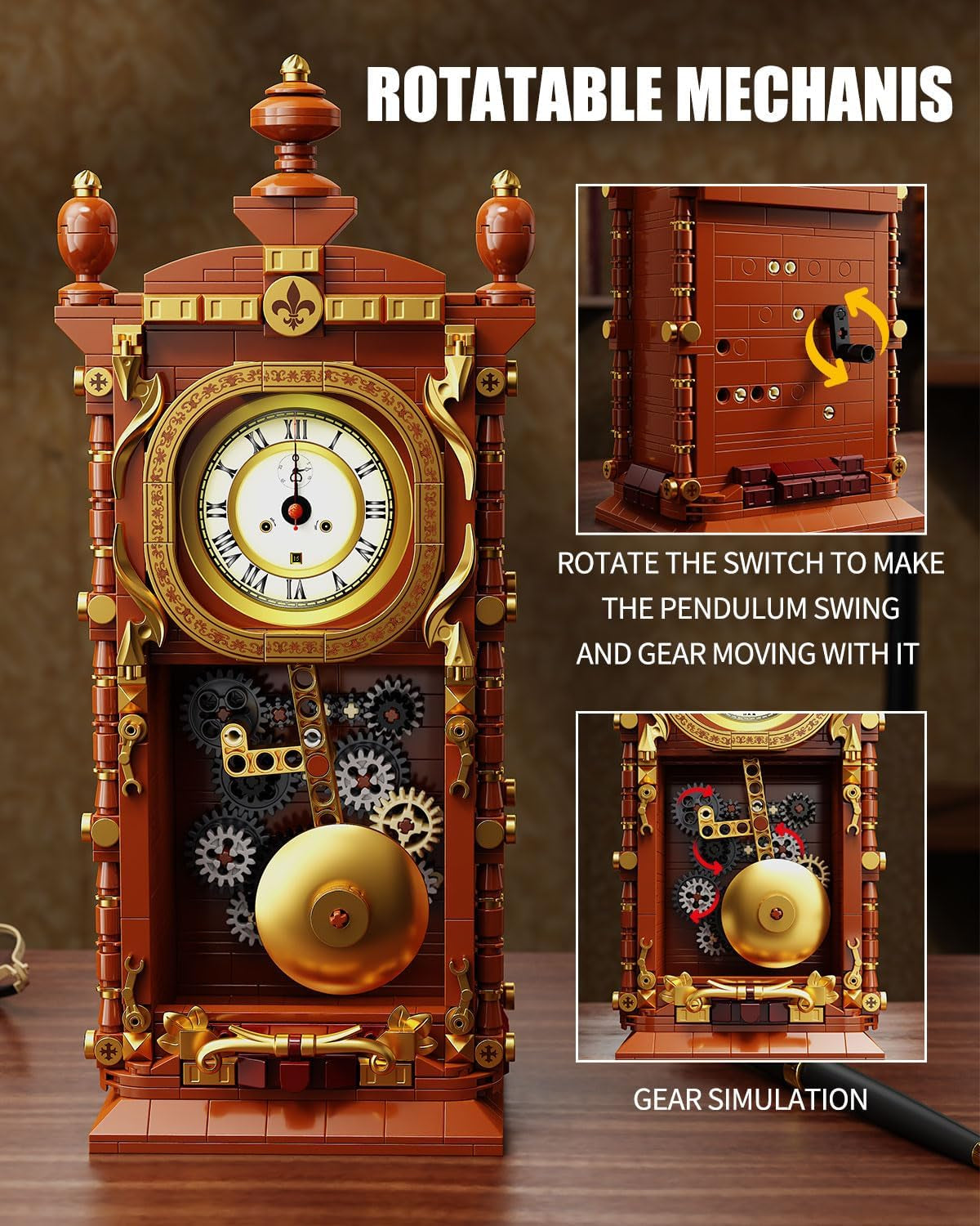 Vintage Pendulum Clock Building Block Set – Functional Mechanical Clock with Swinging Pendulum | 751-Piece STEM Kit & Geeky Home Decor for Adults and Collectors