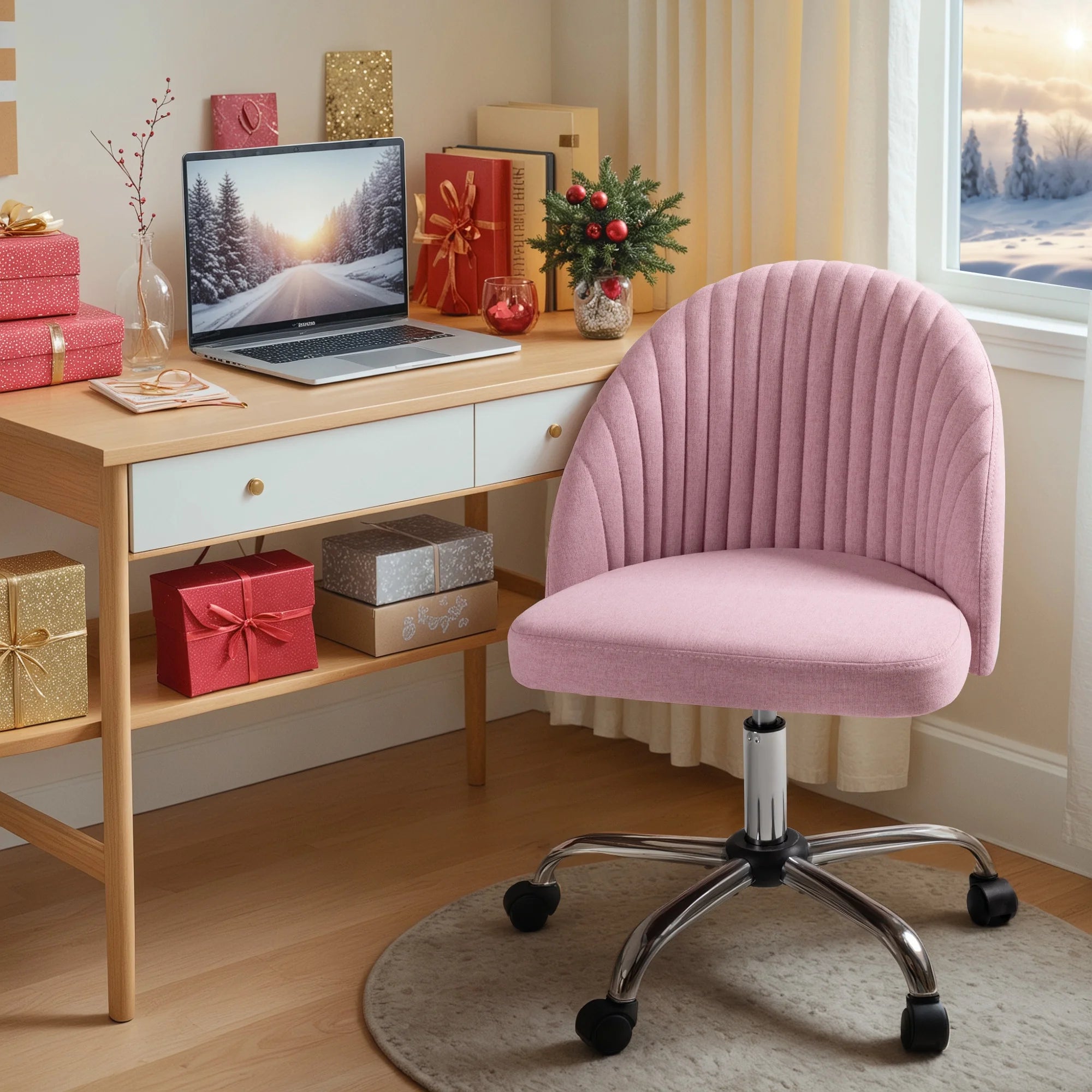 🌸Blossom Breeze: Adjustable Pink Home Office Chair – Mid-Back Rolling Task Chair for Bedroom, Living Room, Study | Cherry Blossom Collection
