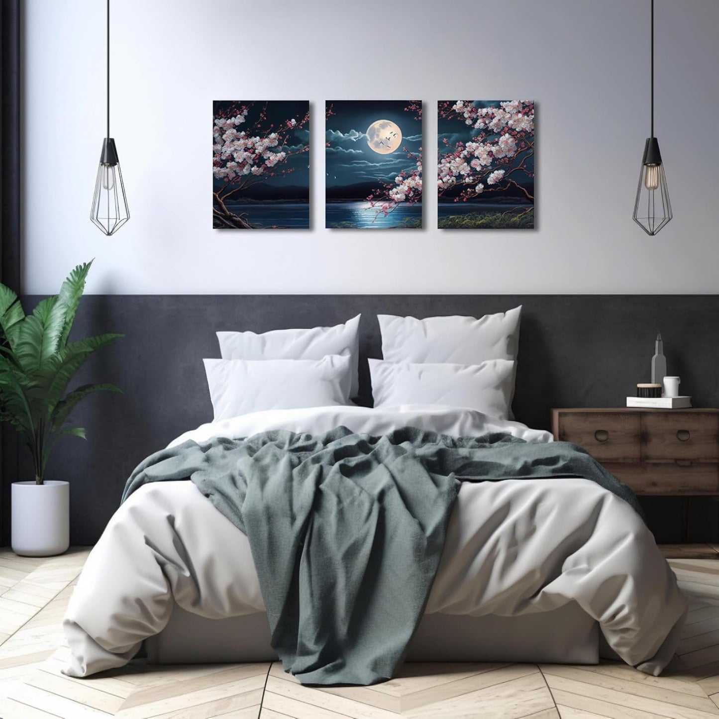 🌸🎑Cherry Blossom Moon Lake Framed Canvas Wall Art – Set of 3 | Japanese-Inspired Floral Landscape Prints for Game Stations, Offices & Home Decor | 16"x12" Each | Geek Findings Cherry Blossom Collection