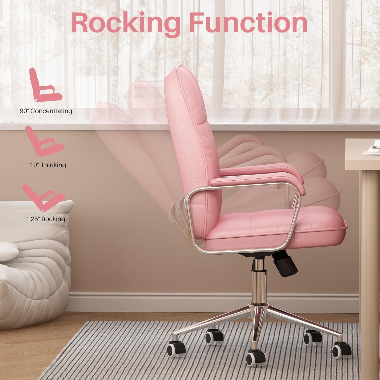 🌸Blossom Luxe: Pink PU Leather Office Chair – Adjustable Swivel Desk Chair with Wheels and Padded Arms | Cherry Blossom Collection