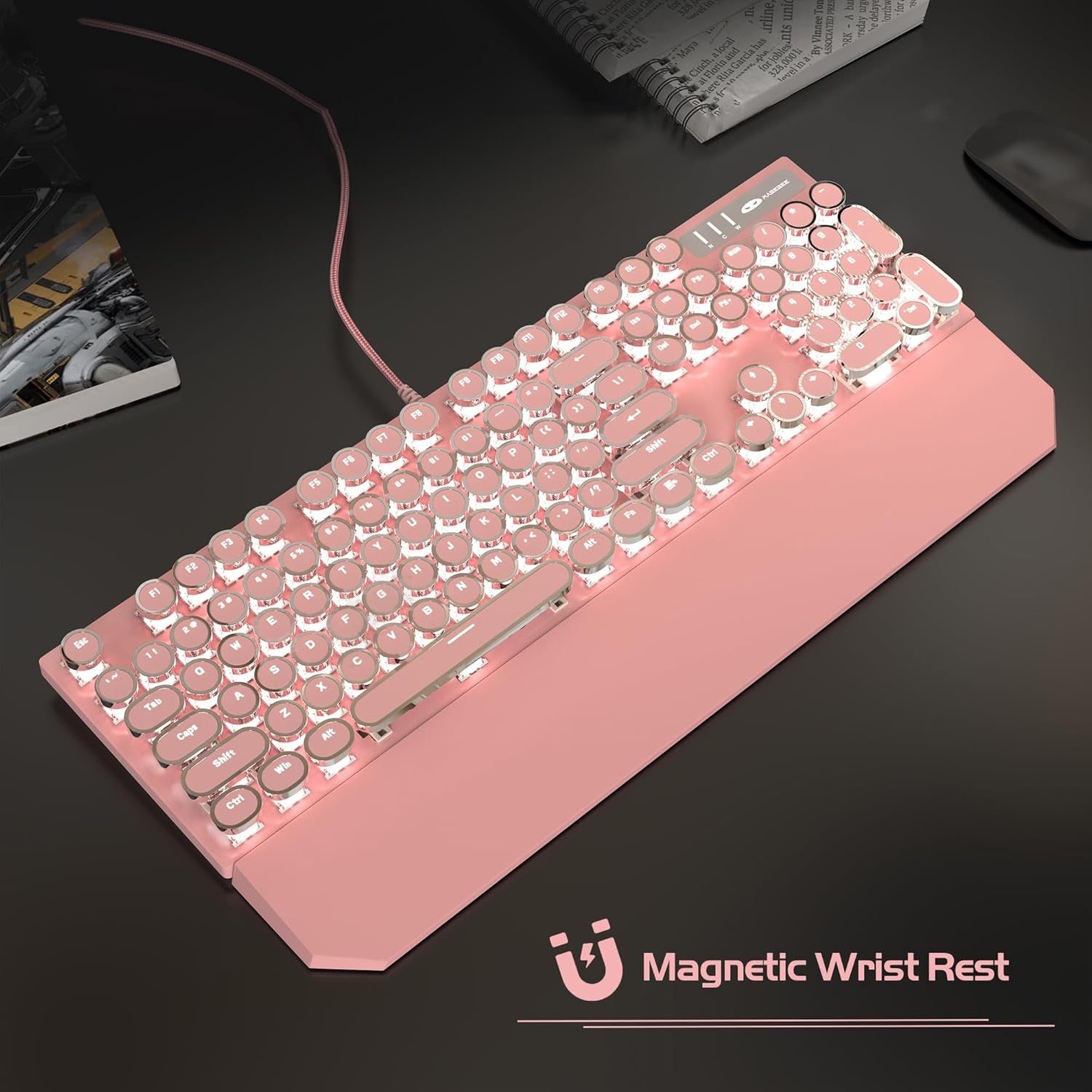 🌸⌨️ Retro Pink Typewriter Mechanical Gaming Keyboard – 104-Key Blue Switch Wired Keyboard with LED White Backlight & Wrist Rest | Perfect for Office & Game Stations | Geek Findings Cherry Blossom Collection