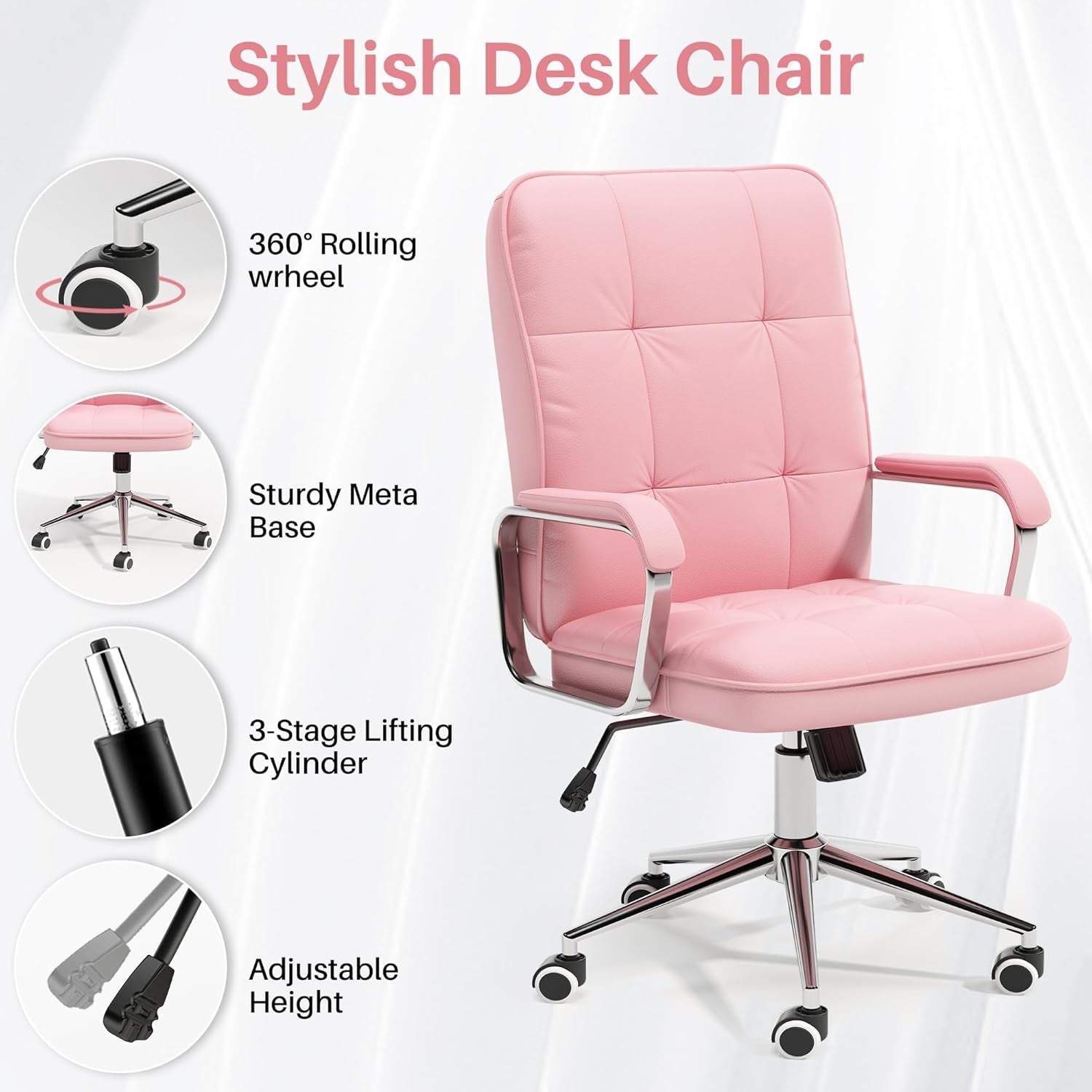 🌸Blossom Luxe: Pink PU Leather Office Chair – Adjustable Swivel Desk Chair with Wheels and Padded Arms | Cherry Blossom Collection