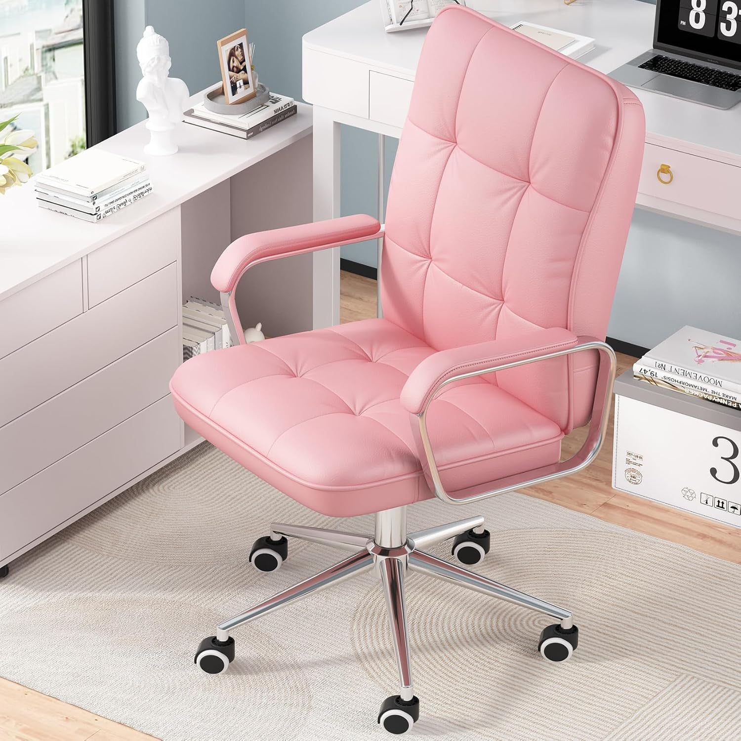 🌸Blossom Luxe: Pink PU Leather Office Chair – Adjustable Swivel Desk Chair with Wheels and Padded Arms | Cherry Blossom Collection