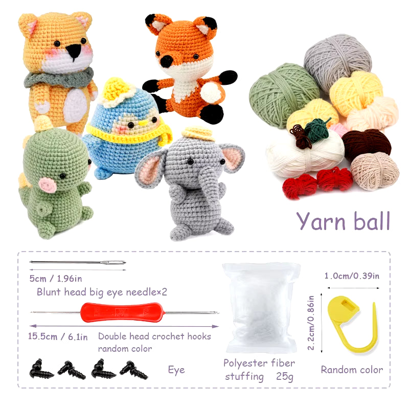 DIY Crochet Animal Kit for Beginners โ Plush Yarn Animal Craft Set (Dinosaur, Fox, Elephant, More) | Geeky Handmade Decor & Stress-Free Hobby for Adults & Teens