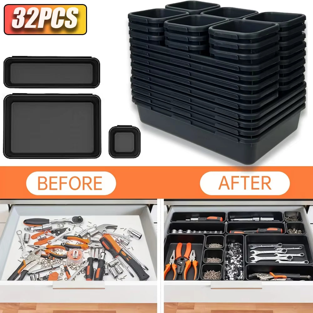 🧰 Modular Desk & Drawer Organizer Tray Set - Tool & Tech Organizer Bins for Home Office, Gaming Desk, Toolboxes & Workspaces
