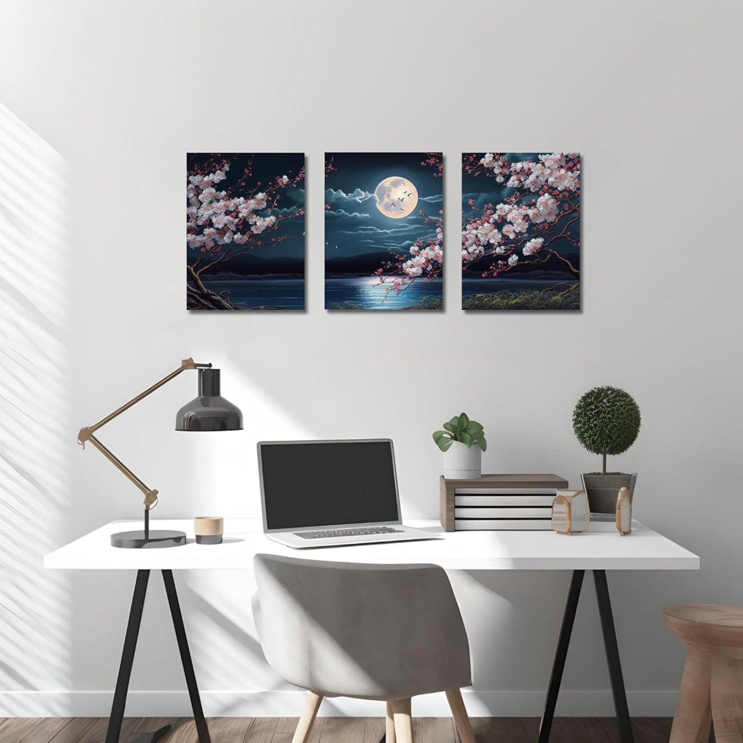 🌸🎑Cherry Blossom Moon Lake Framed Canvas Wall Art – Set of 3 | Japanese-Inspired Floral Landscape Prints for Game Stations, Offices & Home Decor | 16"x12" Each | Geek Findings Cherry Blossom Collection