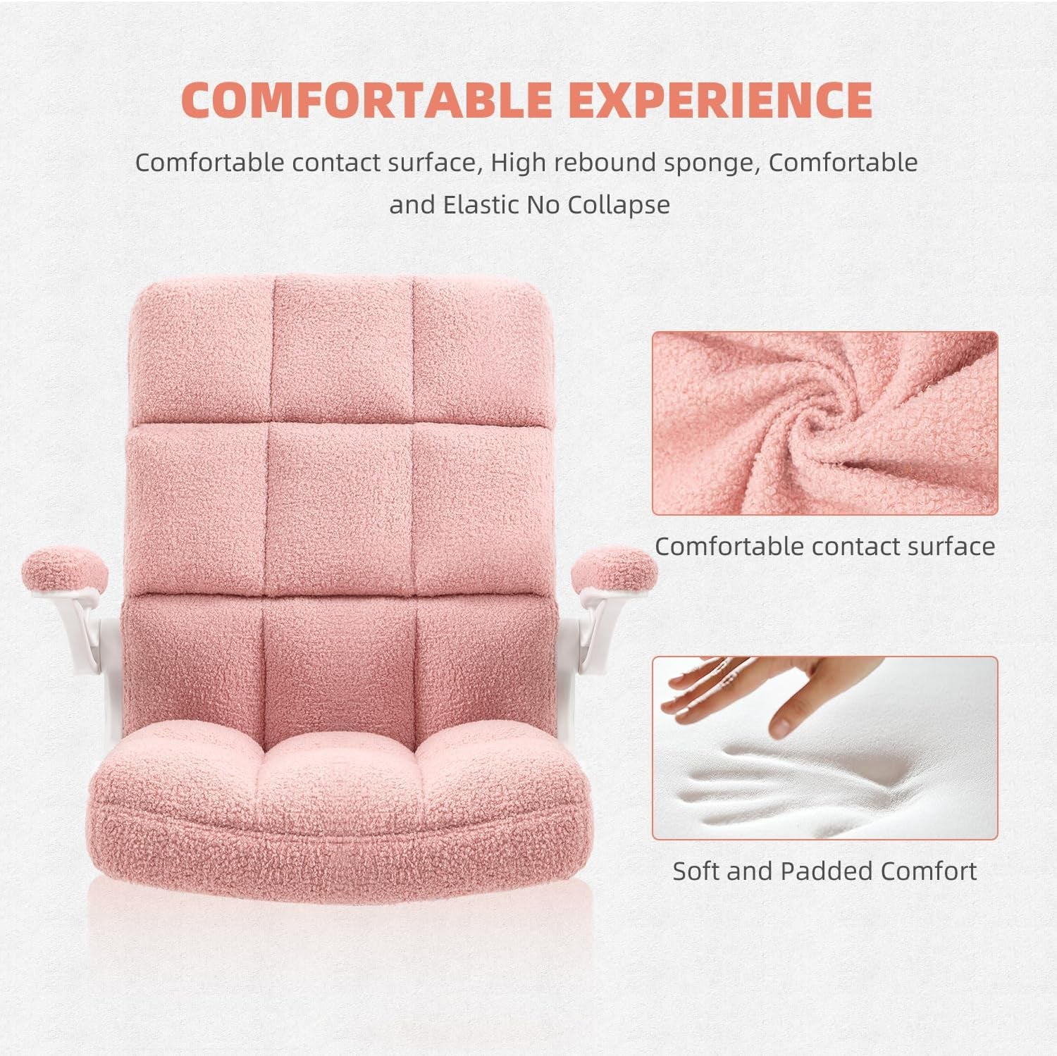 🌸Pink Ergonomic Office Chair with Flip-Up Arms – Faux Fur Velvet Desk Chair, Adjustable Height & Wheels, Cozy Gaming and Work Station Seating