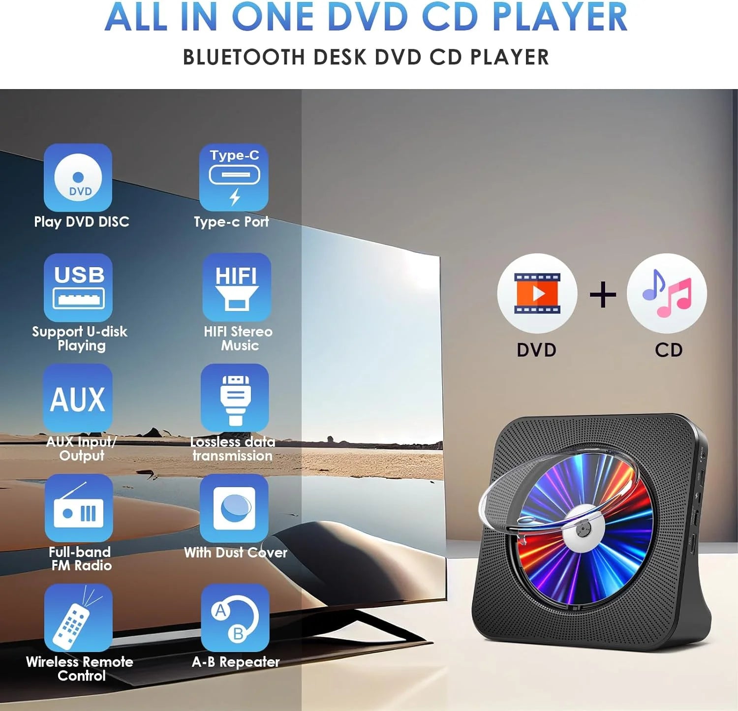 📀 RetroWave All-in-One CD/DVD Player with Bluetooth Speakers – FM Radio, USB Playback, Alarm Clock, 1080P HDMI Out & Remote