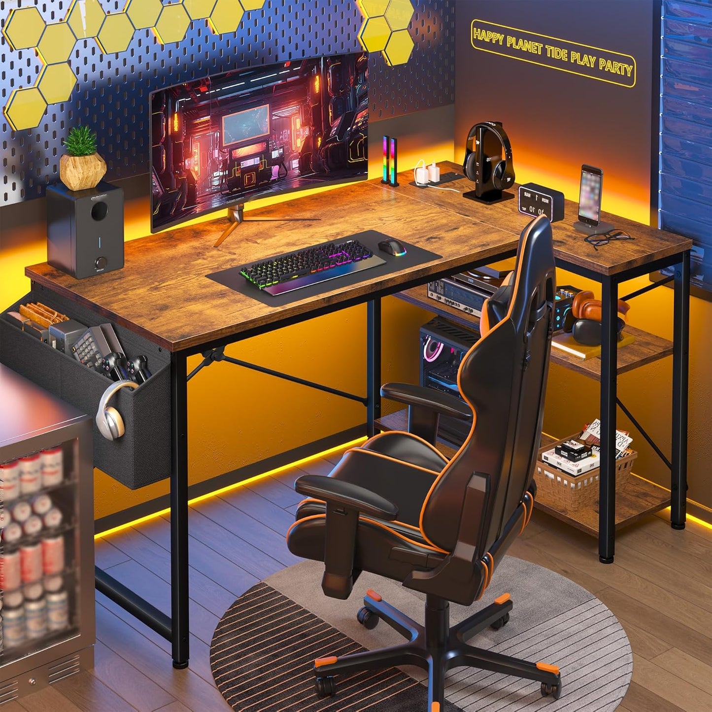 ๐ฅ๏ธ PowerCore 48" L-Shaped Gaming Desk โ Reversible Rustic Computer Desk with USB & AC Outlets, Storage Shelves & Side Bag | Home Office Setup for Gamers & Creators
