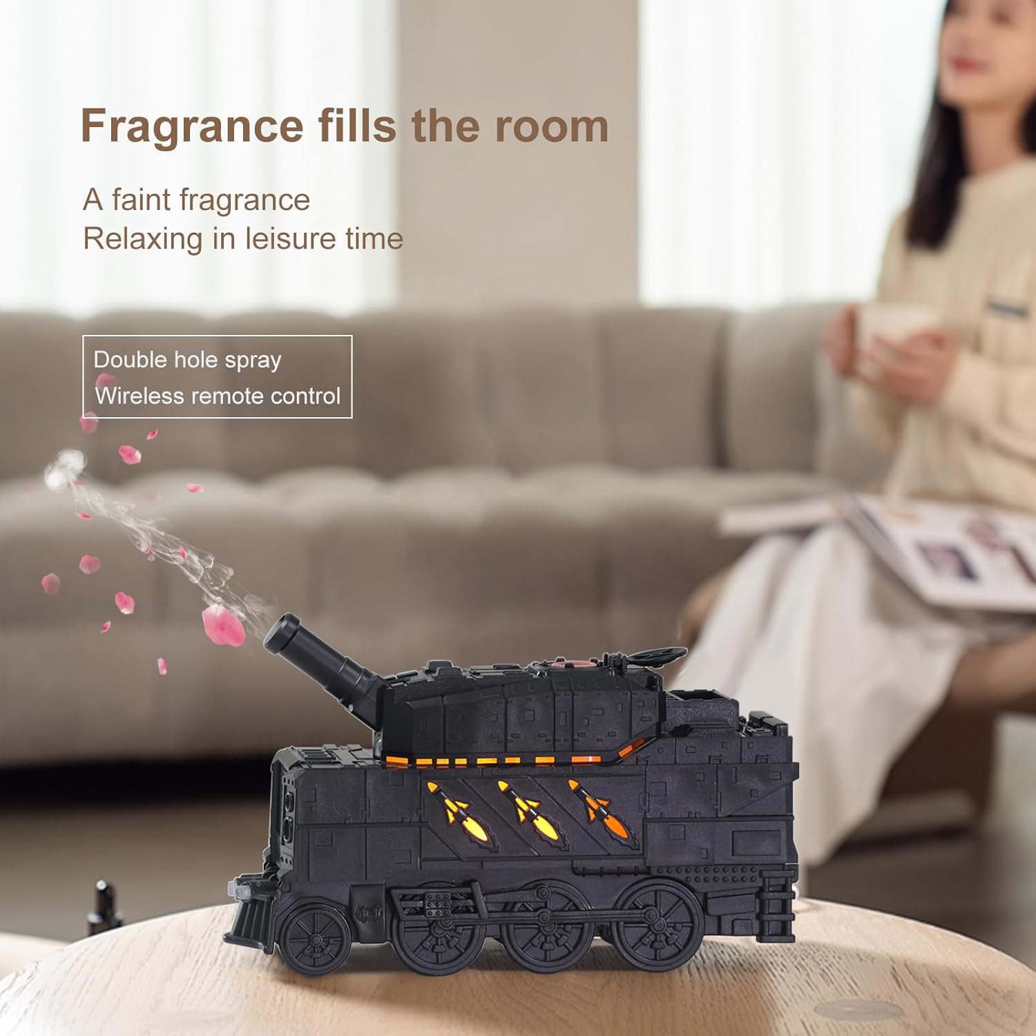 🛡️ 300ML Tank-Shaped Essential Oil Diffuser – Ultrasonic Cool Mist Aroma Diffuser with Remote Control, 2 Light Modes & Auto Shut-Off