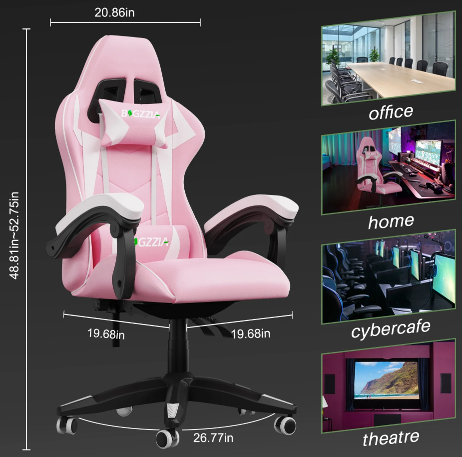 🌸🎮Bigzzia Pink & Black Racing Gaming Chair – Ergonomic Office Chair with Massage Lumbar Pillow, Adjustable Recline & Headrest | Cherry Blossom Collection | Geek Findings