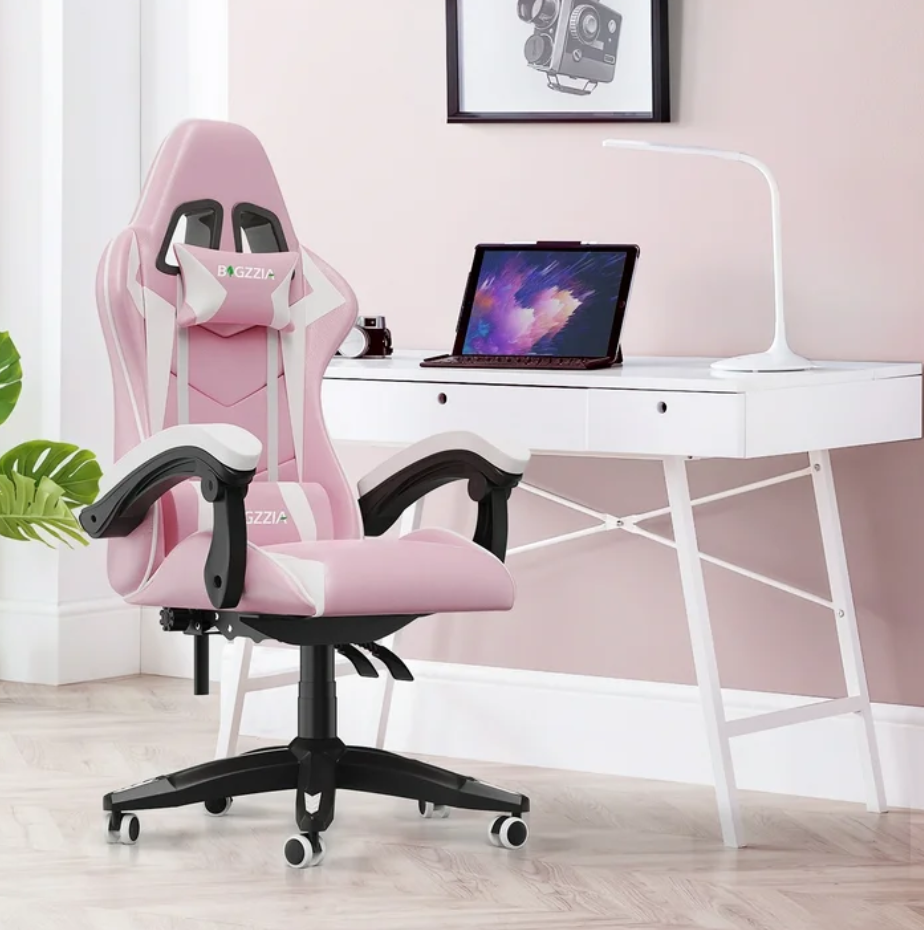 🌸🎮Bigzzia Pink & Black Racing Gaming Chair – Ergonomic Office Chair with Massage Lumbar Pillow, Adjustable Recline & Headrest | Cherry Blossom Collection | Geek Findings