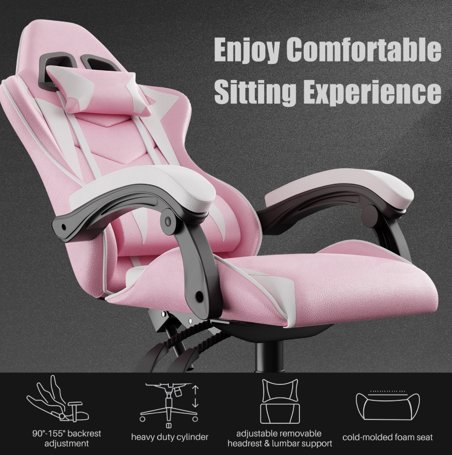 🌸🎮Bigzzia Pink & Black Racing Gaming Chair – Ergonomic Office Chair with Massage Lumbar Pillow, Adjustable Recline & Headrest | Cherry Blossom Collection | Geek Findings