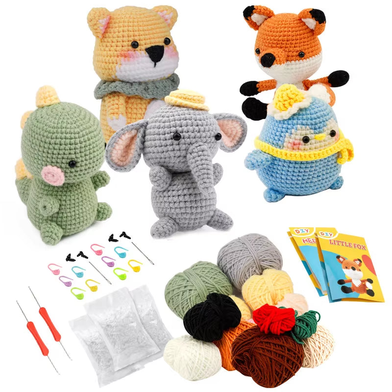 DIY Crochet Animal Kit for Beginners โ Plush Yarn Animal Craft Set (Dinosaur, Fox, Elephant, More) | Geeky Handmade Decor & Stress-Free Hobby for Adults & Teens