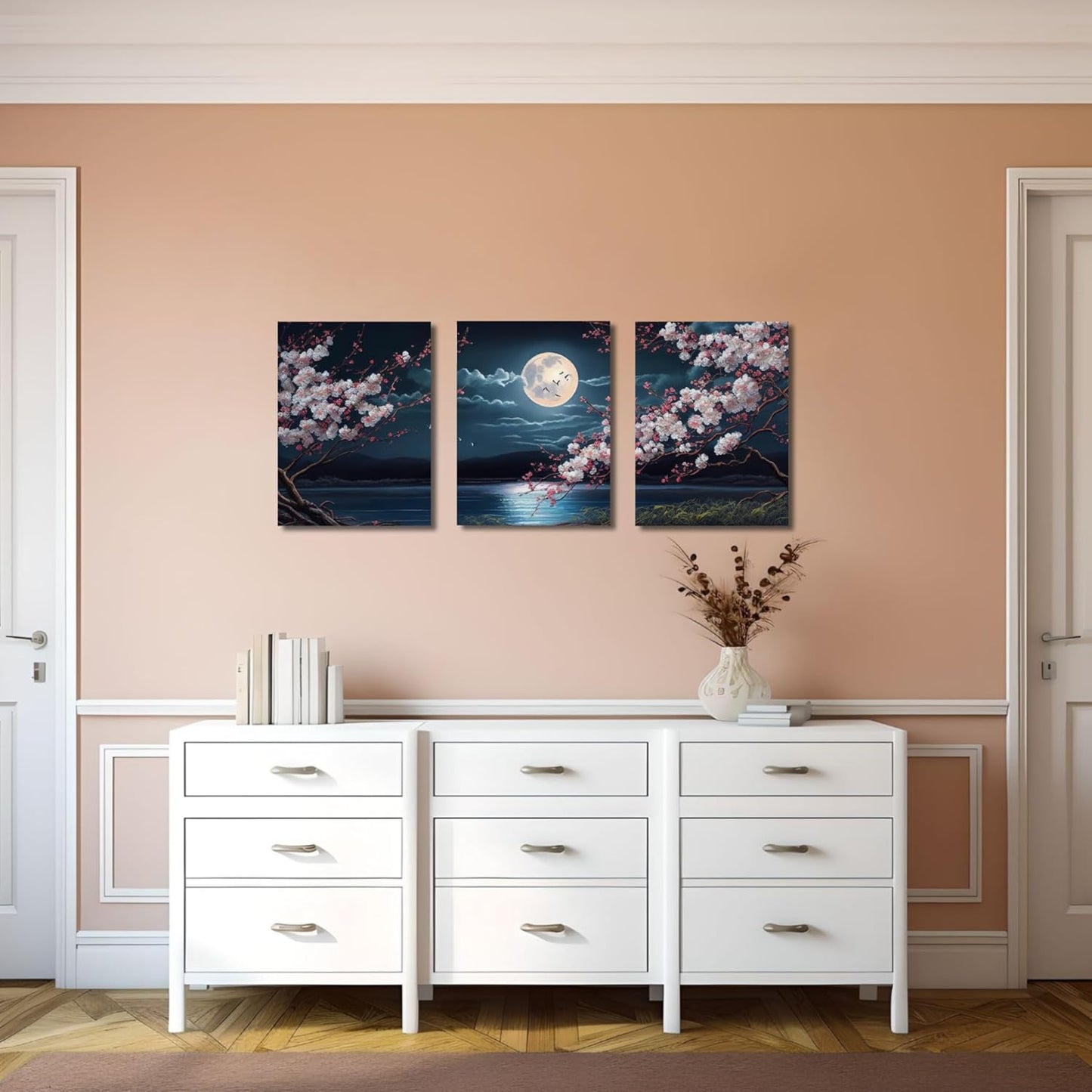🌸🎑Cherry Blossom Moon Lake Framed Canvas Wall Art – Set of 3 | Japanese-Inspired Floral Landscape Prints for Game Stations, Offices & Home Decor | 16"x12" Each | Geek Findings Cherry Blossom Collection