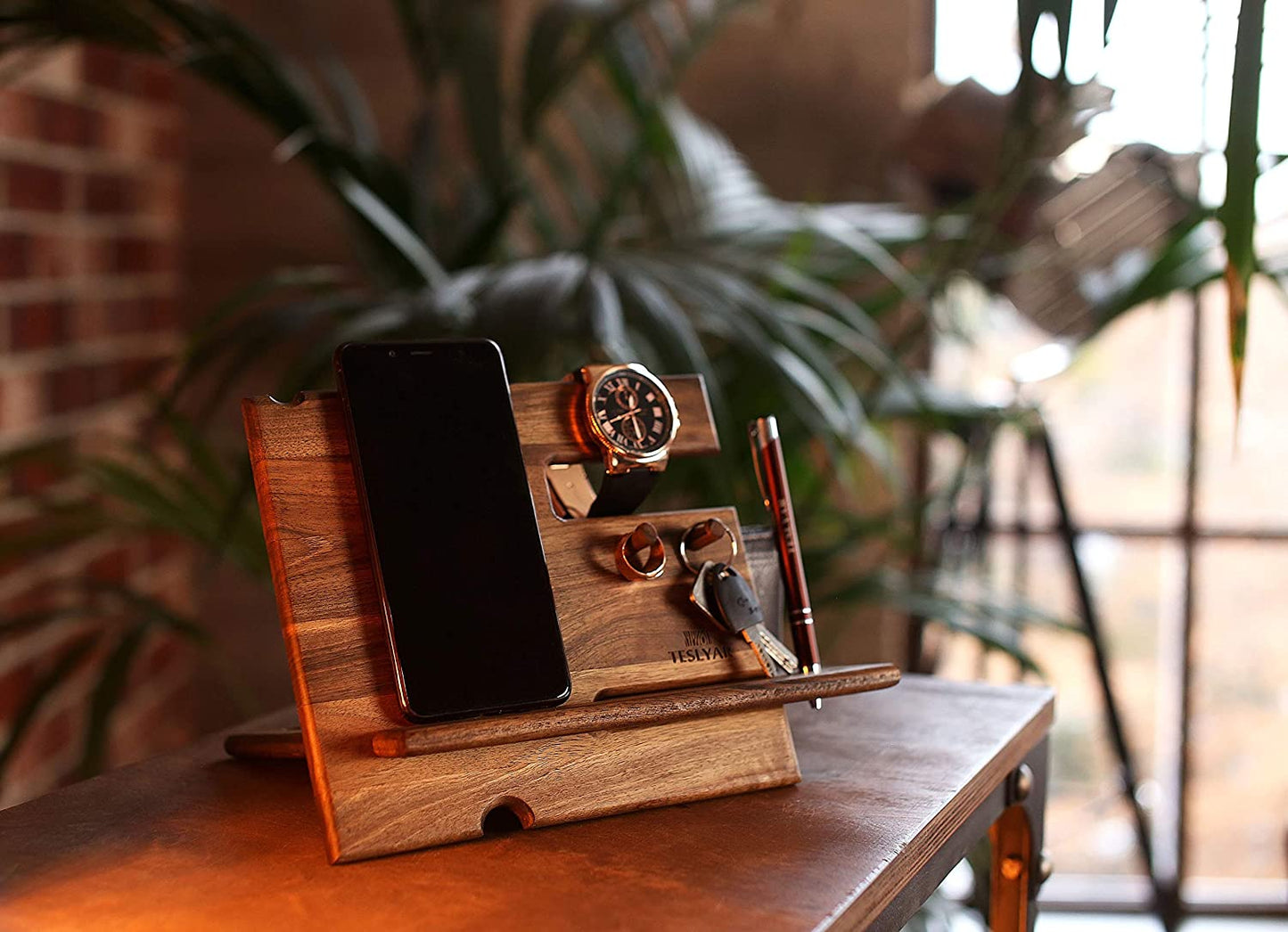 Walnut Wood Phone Docking Station for Men – Smart Organizer for Desk or Nightstand | Gift for Dad, Husband, Gamer, Tech Lover