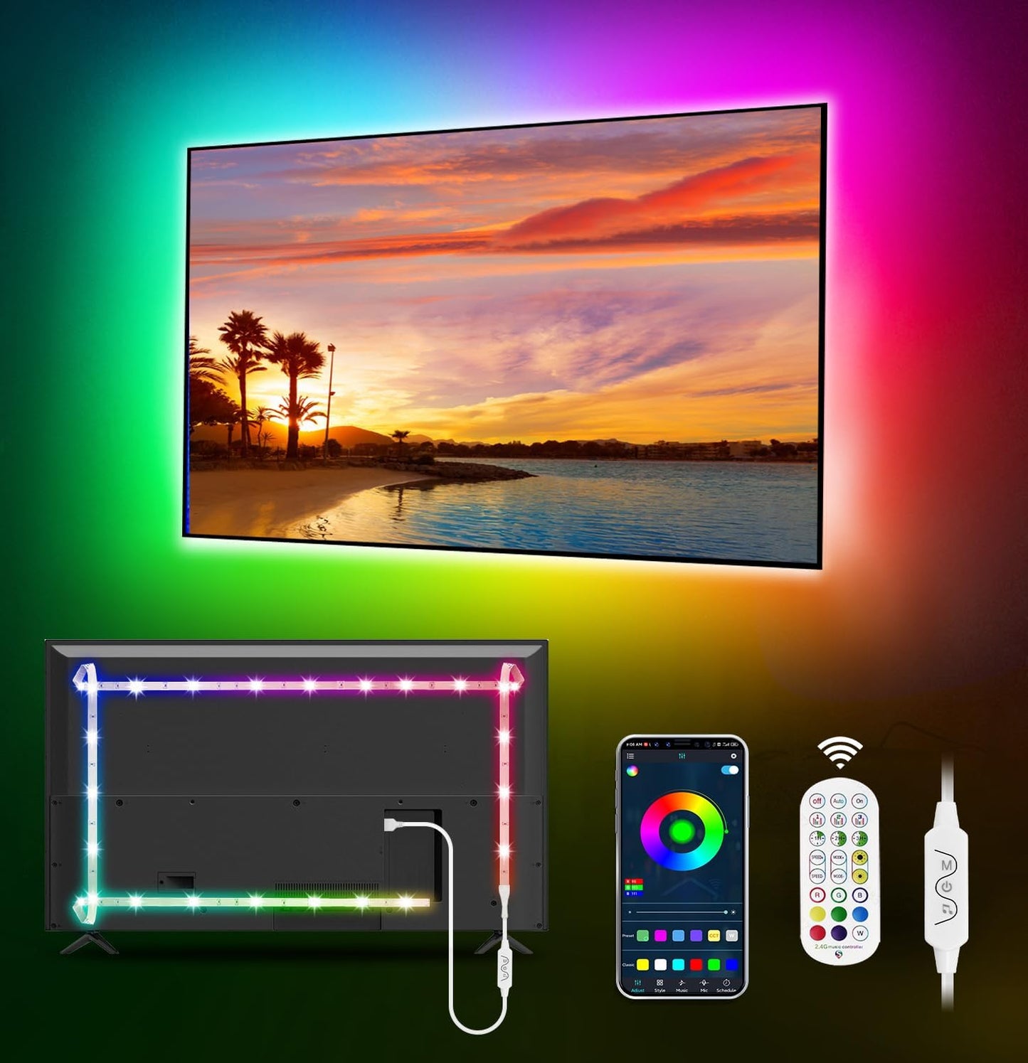 RGB LED TV Backlight Strip โ USB Powered, Music Sync & App Control | 9.84ft for 32"-43" Screens | Mood Lighting for Gaming, Workspaces & Entertainment Rooms