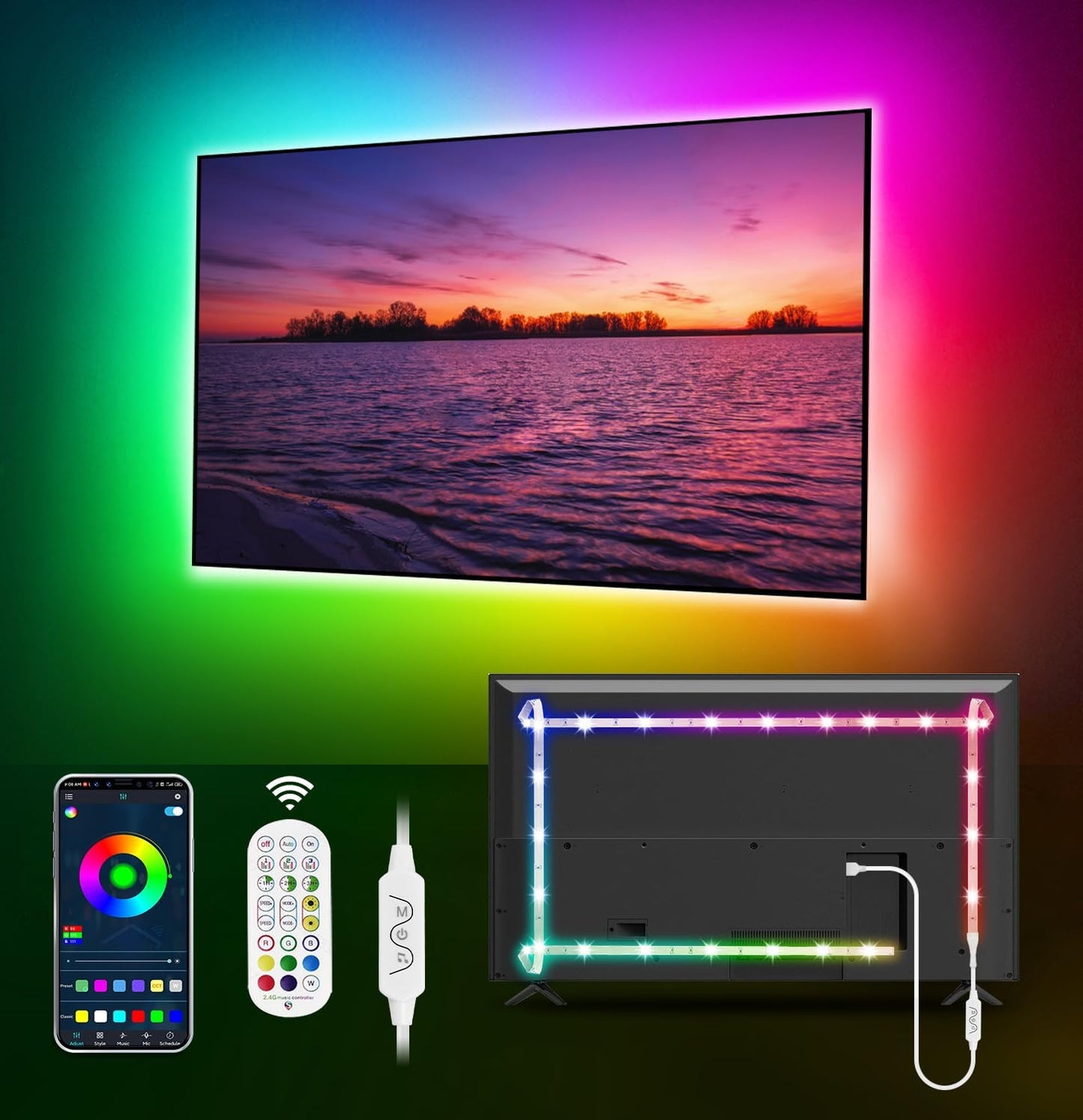 RGB LED TV Backlight Strip โ USB Powered, Music Sync & App Control | 9.84ft for 32"-43" Screens | Mood Lighting for Gaming, Workspaces & Entertainment Rooms