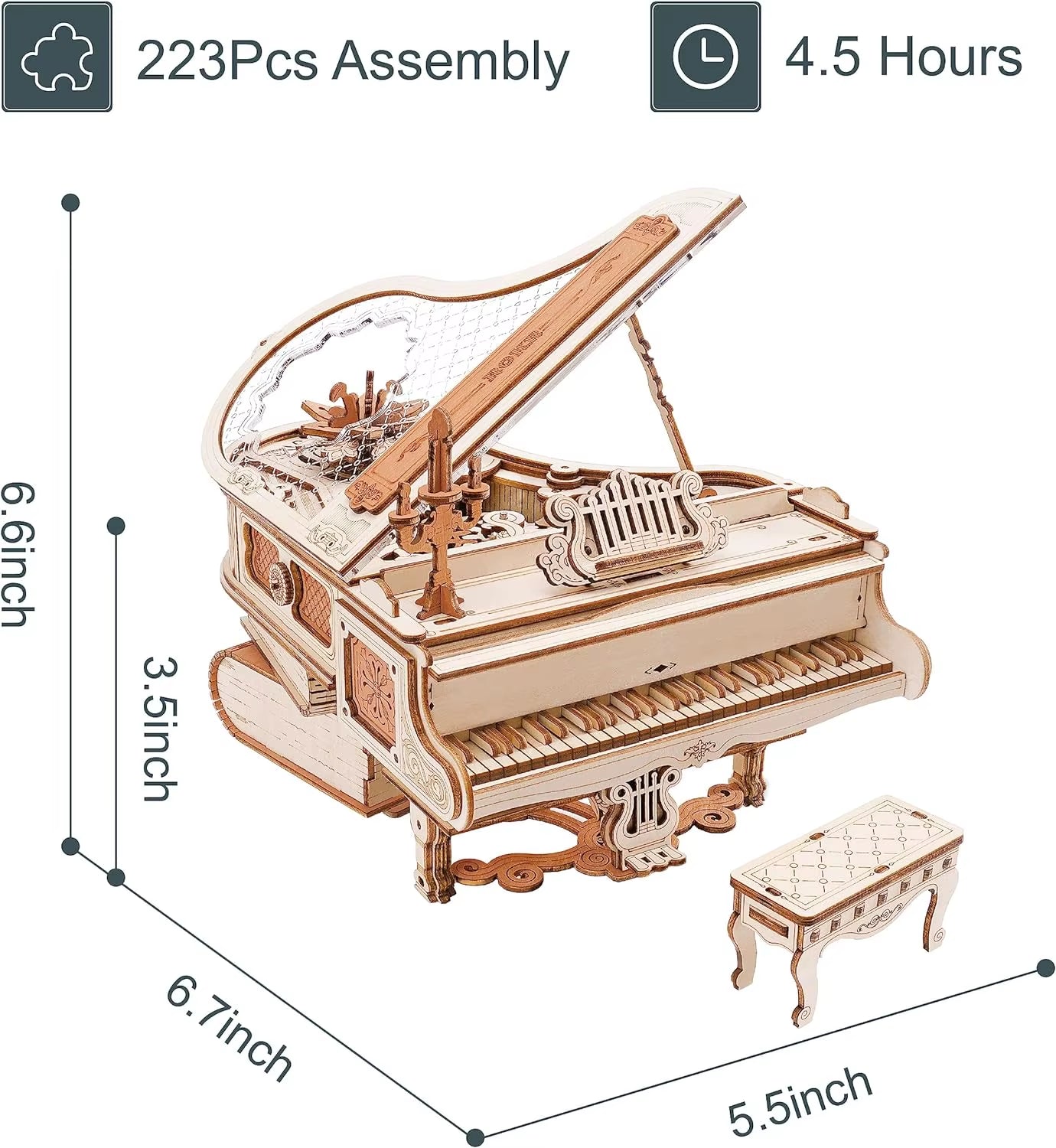 ROKR Magic Piano 3D Wooden Puzzle โ Mechanical DIY Music Box Model Kit with Moving Keys โ Aesthetic Desk Decor & Unique Gift for Adults