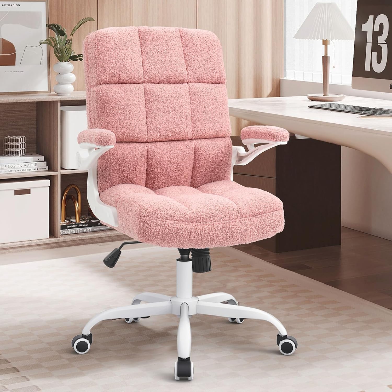 🌸Pink Ergonomic Office Chair with Flip-Up Arms – Faux Fur Velvet Desk Chair, Adjustable Height & Wheels, Cozy Gaming and Work Station Seating