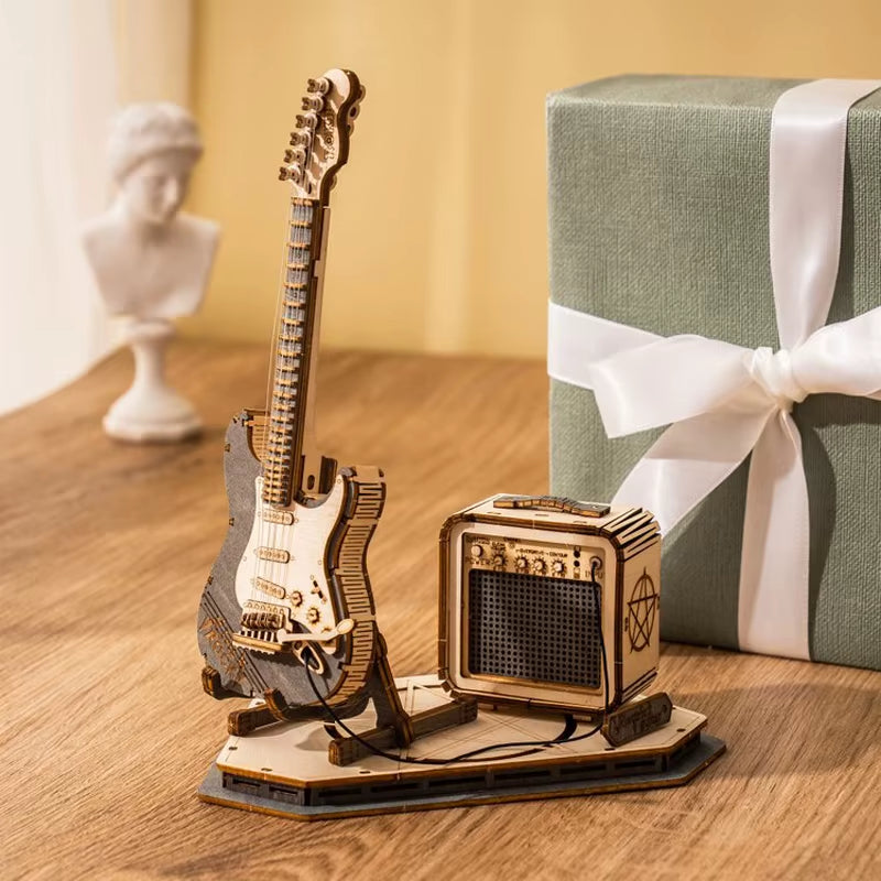 ๐ธ 3D Wooden Electric Guitar Puzzle Kit โ ROKR DIY Mini Model for Adults & Teens | Creative Desk Decor, Gift for Musicians, Geeks & Hobbyists (TG605K)