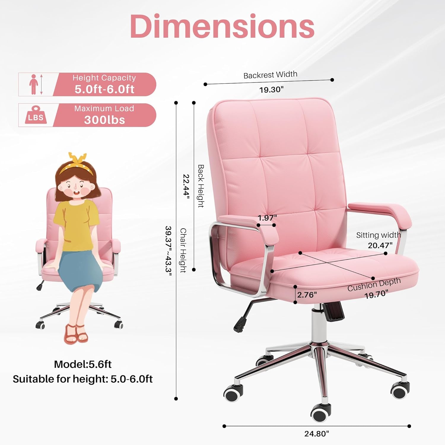 🌸Blossom Luxe: Pink PU Leather Office Chair – Adjustable Swivel Desk Chair with Wheels and Padded Arms | Cherry Blossom Collection