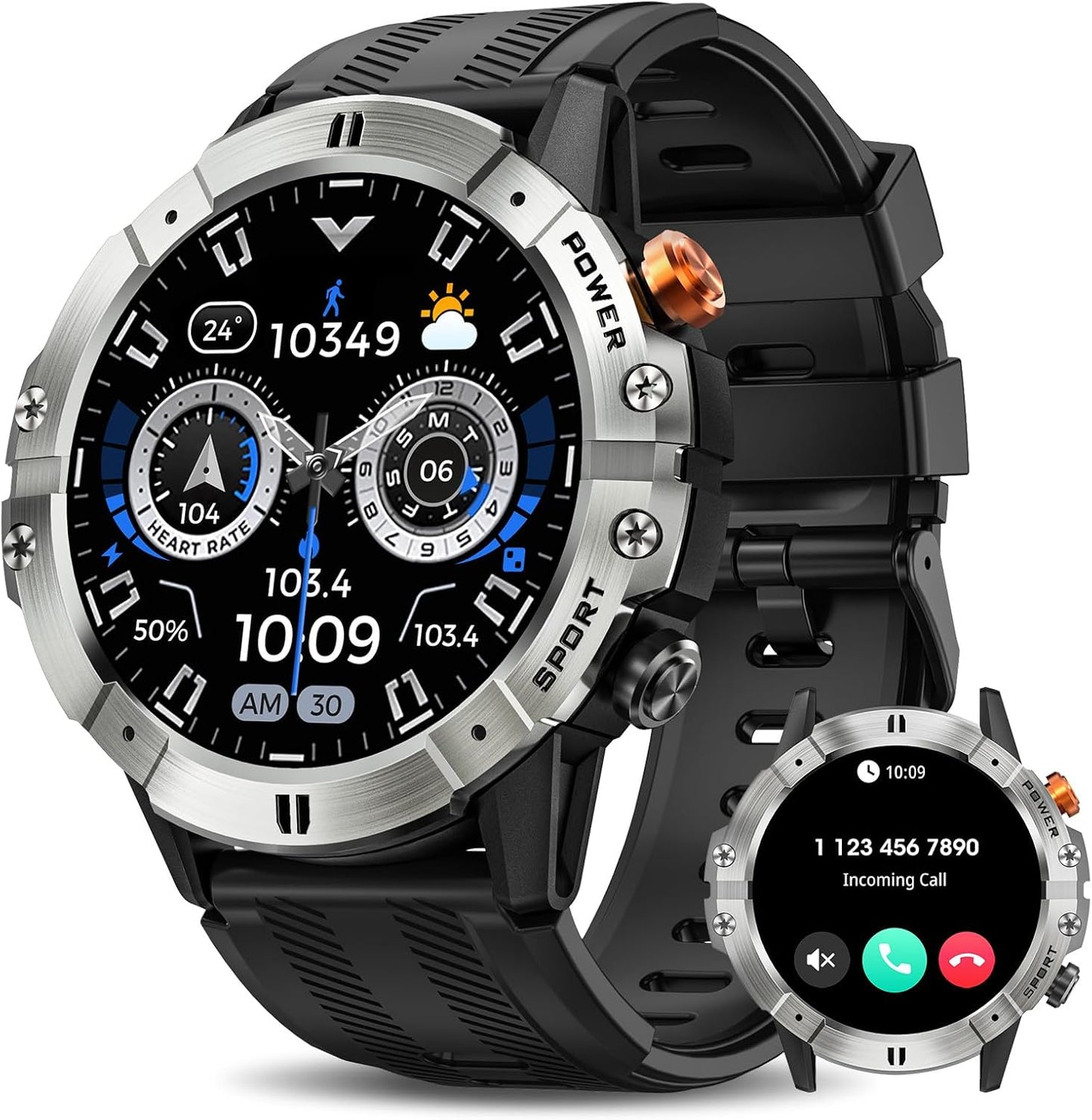 TitanCore Bluetooth Military Smartwatch – Rugged Fitness Tracker with Calls, Heart Monitor, 124 Sports Modes & 10-Day Battery | Compatible with iPhone & Android