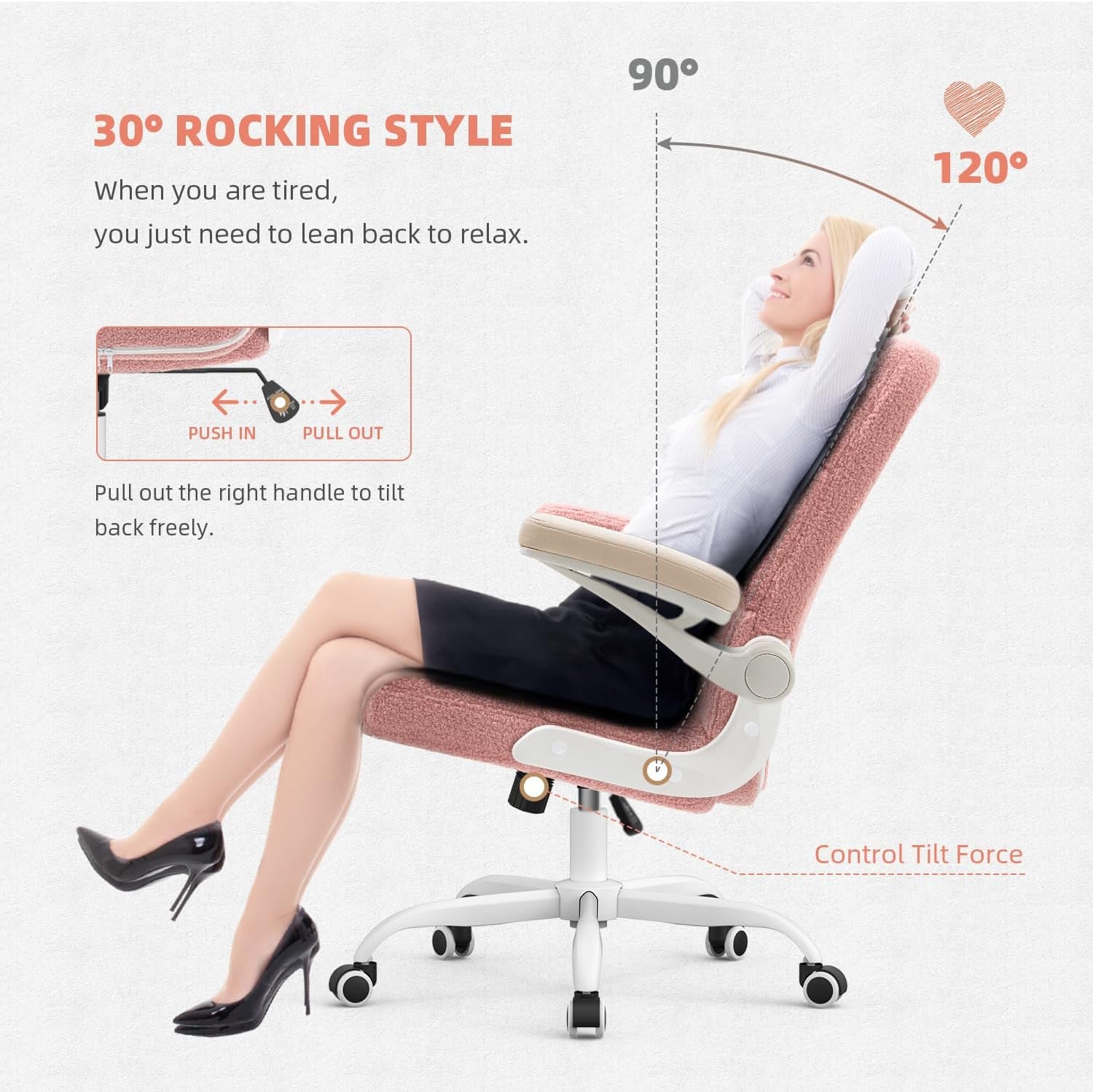 🌸Pink Ergonomic Office Chair with Flip-Up Arms – Faux Fur Velvet Desk Chair, Adjustable Height & Wheels, Cozy Gaming and Work Station Seating