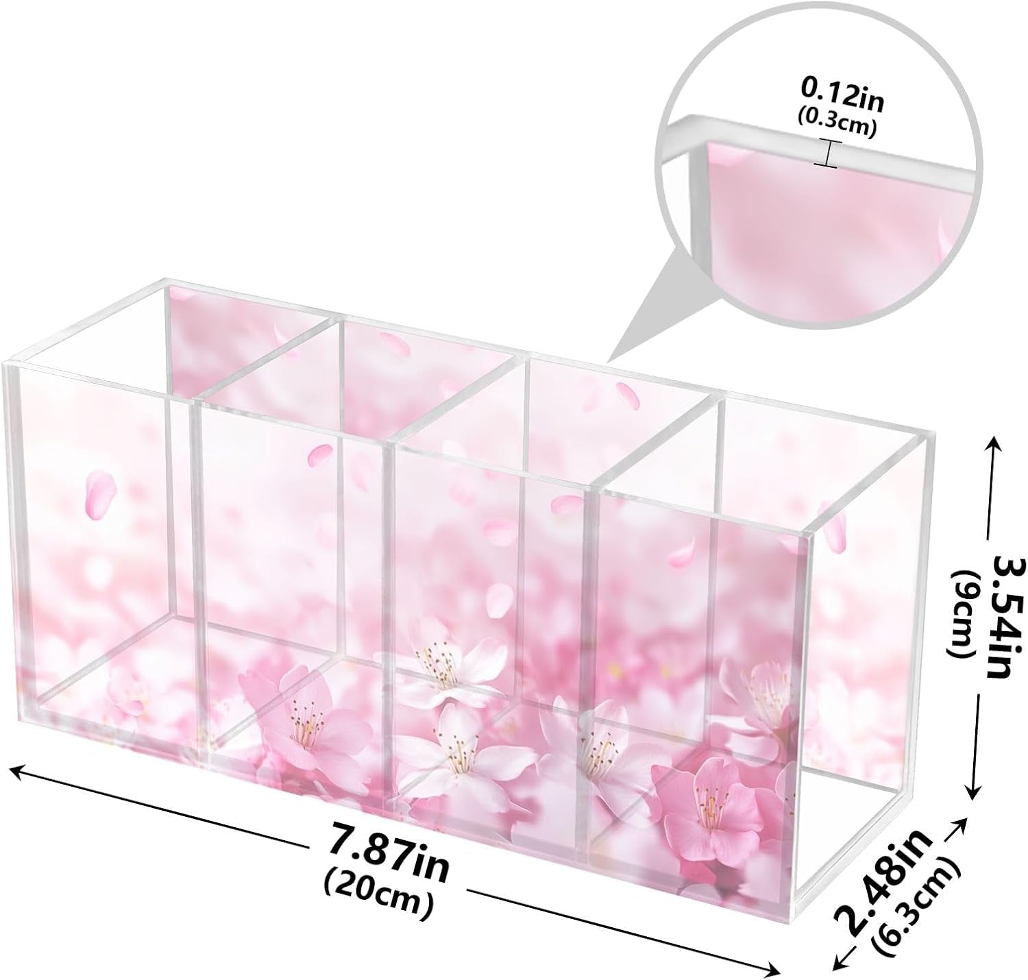 🌸Pink Cherry Blossom Acrylic Makeup Brush & Pen Organizer – 4-Compartment Floral Desk Storage for Offices, Vanities & Game Stations | Geek Findings