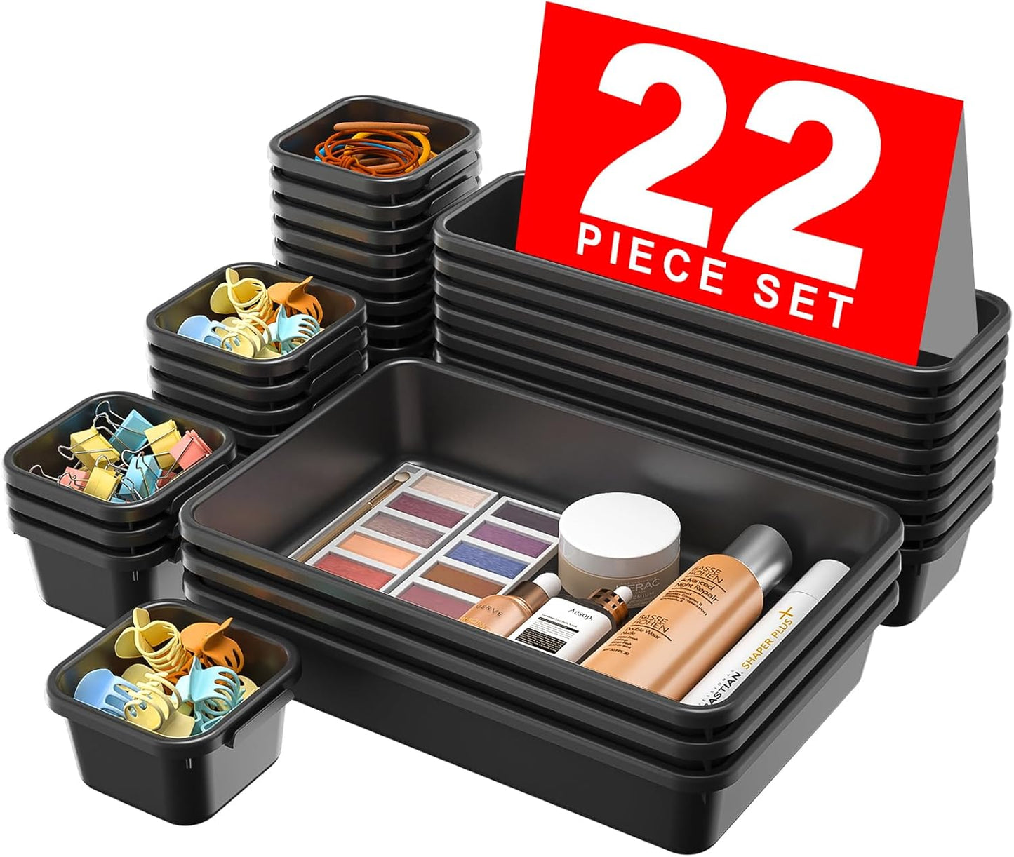 🧩 22-Piece Drawer Organizer Set – Multi-Size Plastic Storage Bins for Desk, Bathroom, Vanity, Kitchen & Office | Stackable, Easy-Clean, Customizable Drawer Dividers