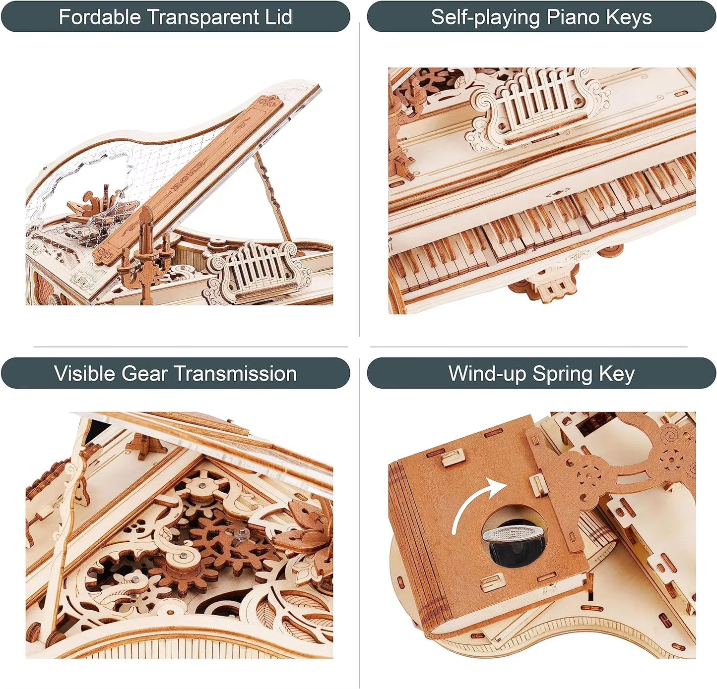 ROKR Magic Piano 3D Wooden Puzzle โ Mechanical DIY Music Box Model Kit with Moving Keys โ Aesthetic Desk Decor & Unique Gift for Adults