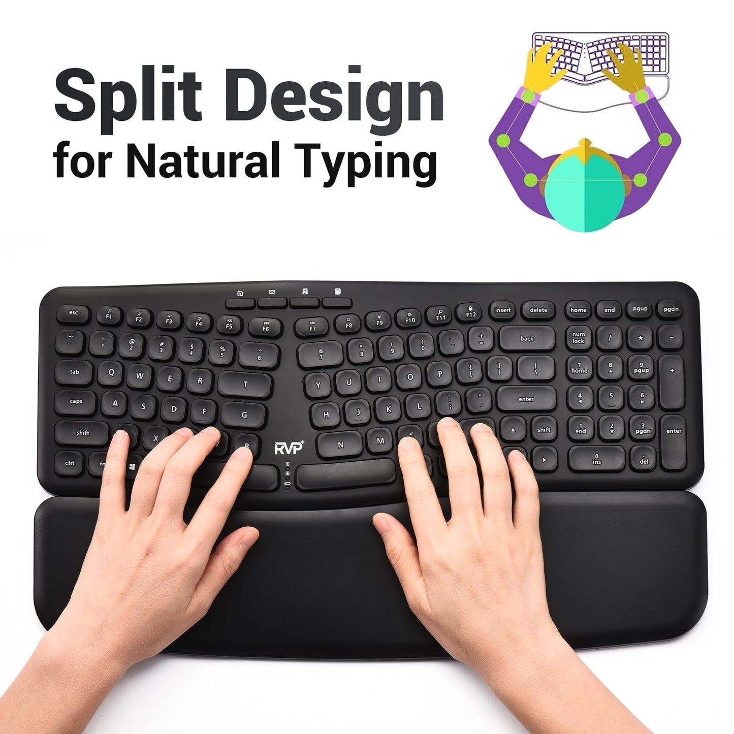 Wireless Ergonomic Keyboard with Magnetic Wrist Rest, Black