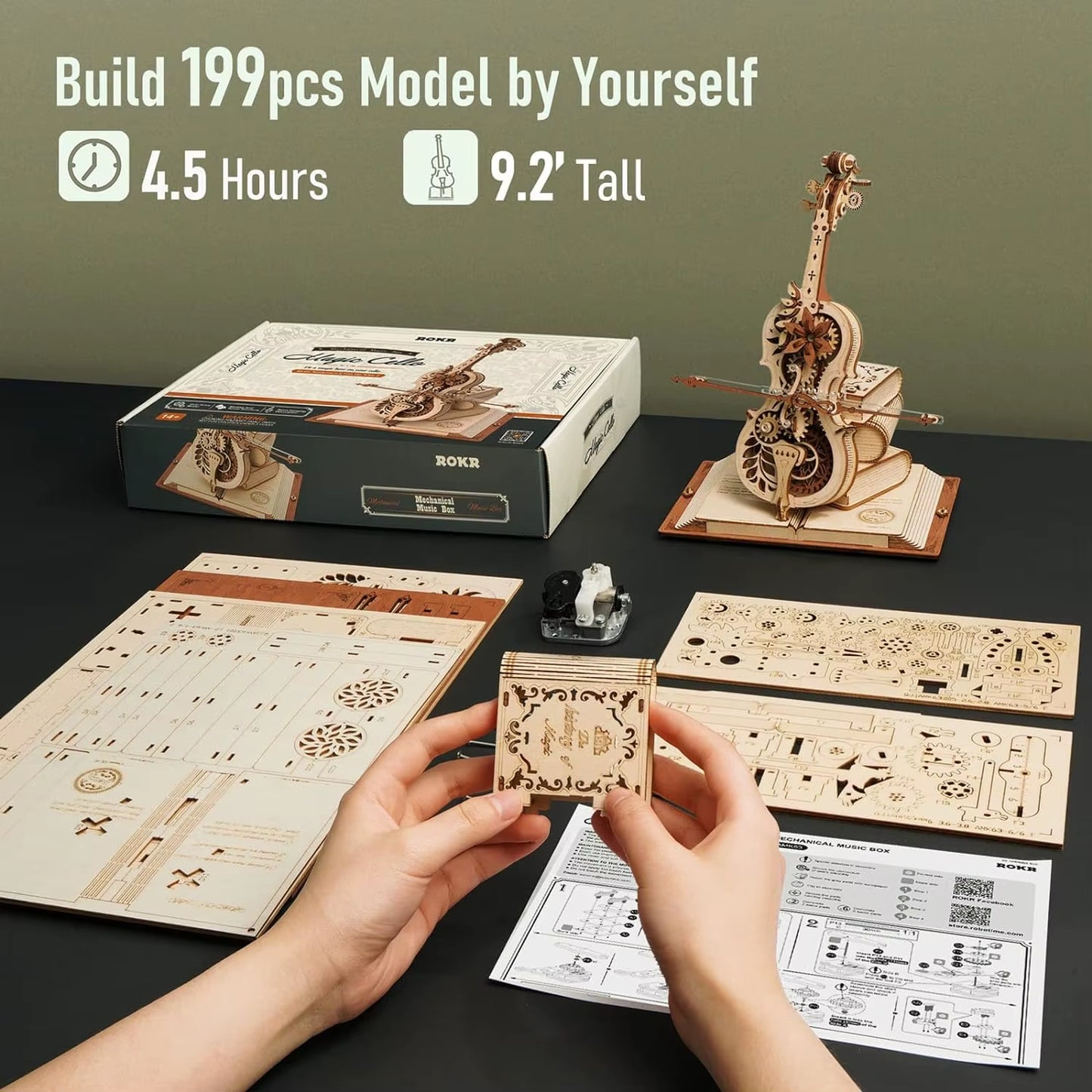 ROKR 199Pcs 3D Wooden Puzzle Magic Cello Music Box | Mechanical Music Box Toy with Nocturne Melodies | Perfect Gift for Music Lovers & Puzzle Enthusiasts