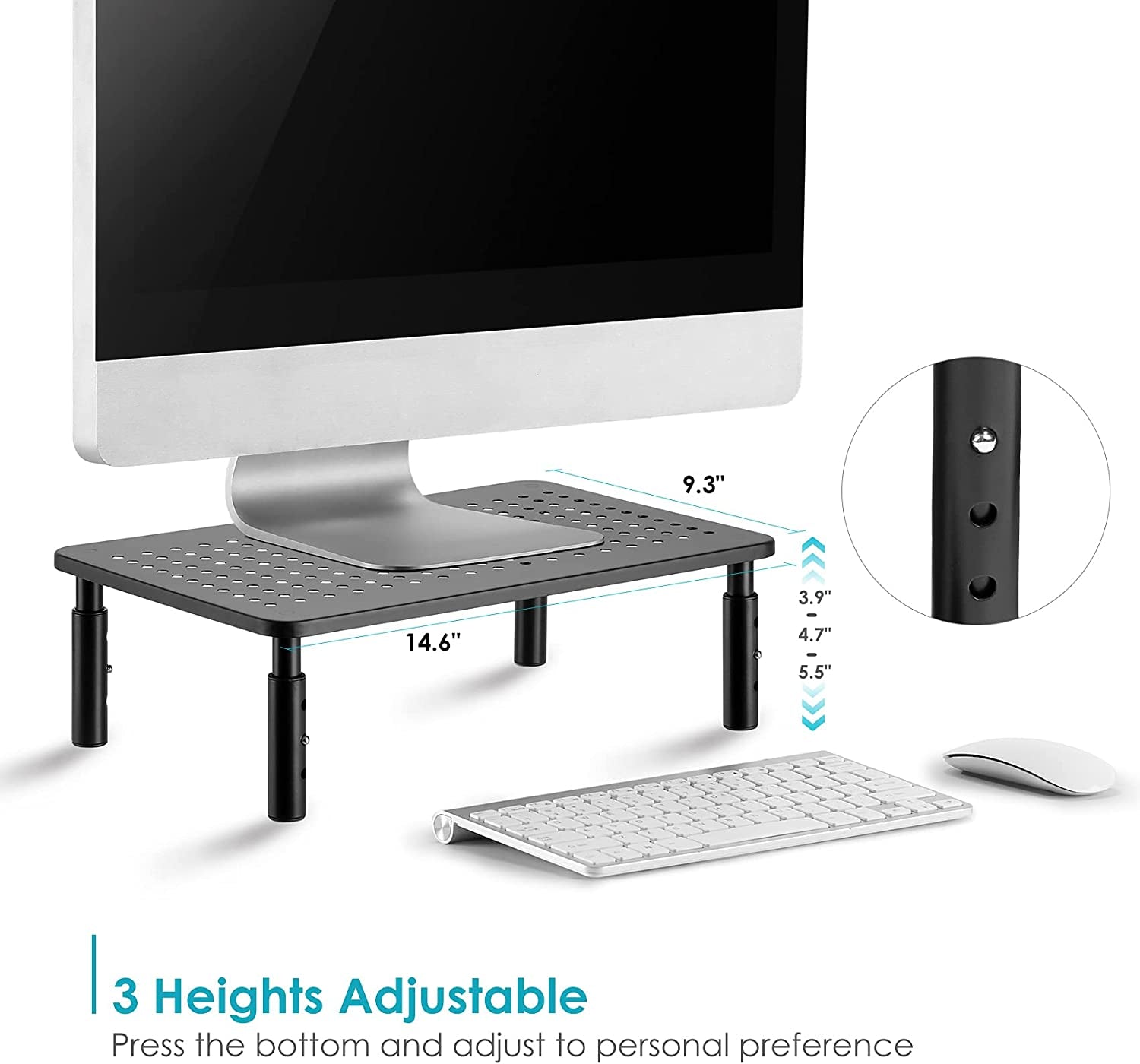 🖥️ Adjustable Metal Monitor Riser Stand – Ergonomic Mesh Platform with 3 Height Settings | Sturdy Computer Stand for Flat Screen Monitors, Laptops, Printers & iMac