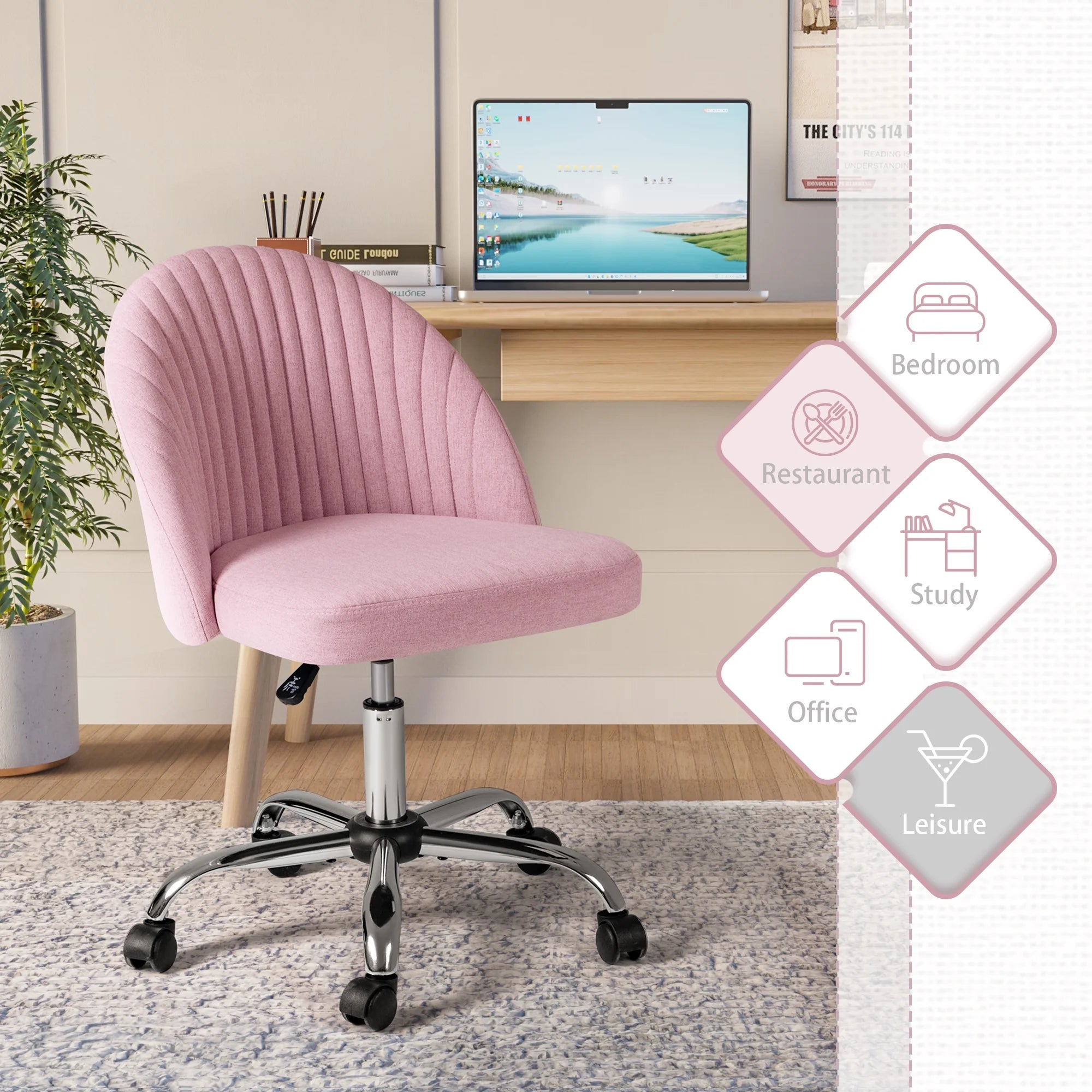 🌸Blossom Breeze: Adjustable Pink Home Office Chair – Mid-Back Rolling Task Chair for Bedroom, Living Room, Study | Cherry Blossom Collection