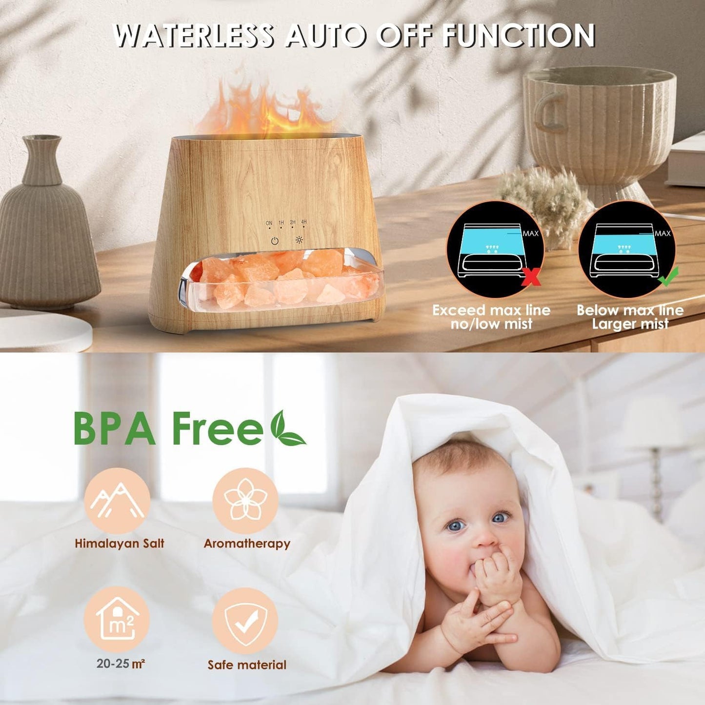 ๐ 2-in-1 Himalayan Salt Lamp & Essential Oil Diffuser โ 150ML Ultrasonic Cool Mist Humidifier with Flame Effect, Timer & Auto Shut-Off