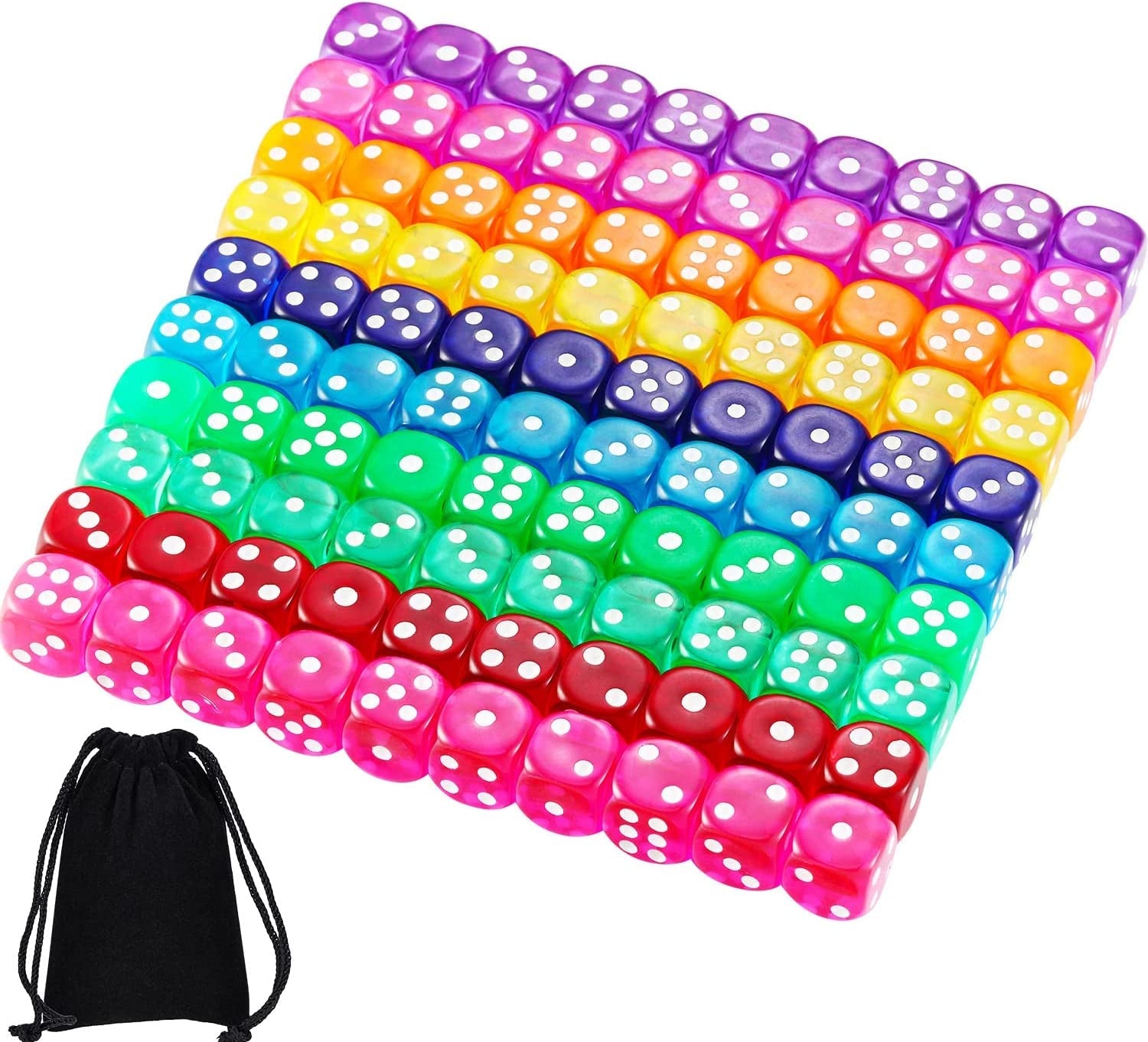 100 PCS 6 Sided Games Dice Set, Colored Dice with Black Velvet Pouches for Playing Games, like Board Games, Dice Games, Math Games, Party Favors and More(Rainbow Color, 14 Mm)