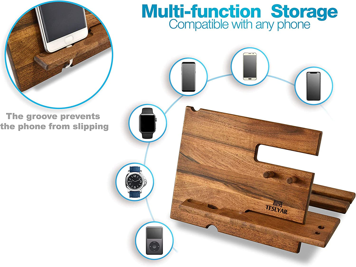 Walnut Wood Phone Docking Station for Men – Smart Organizer for Desk or Nightstand | Gift for Dad, Husband, Gamer, Tech Lover