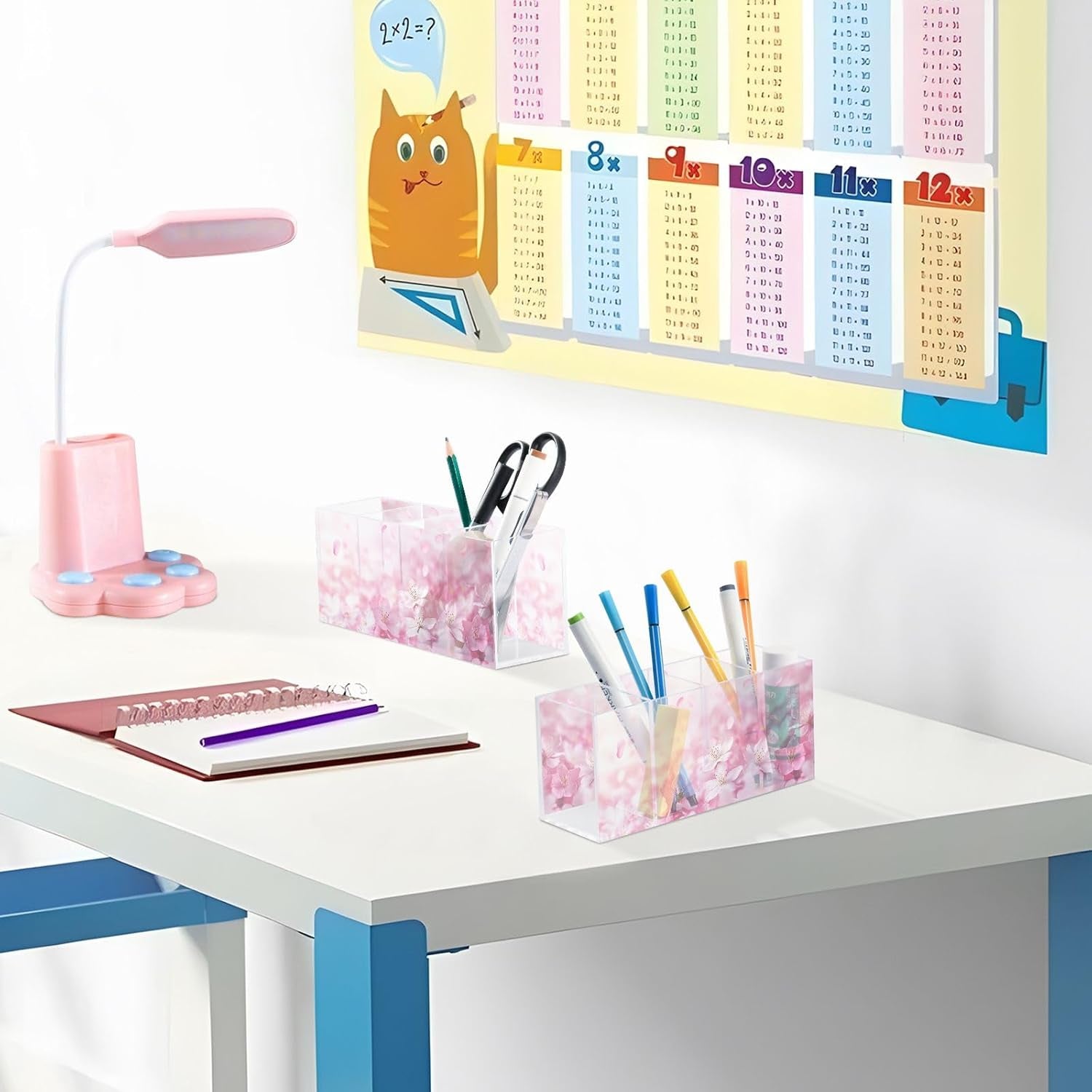 🌸Pink Cherry Blossom Acrylic Makeup Brush & Pen Organizer – 4-Compartment Floral Desk Storage for Offices, Vanities & Game Stations | Geek Findings