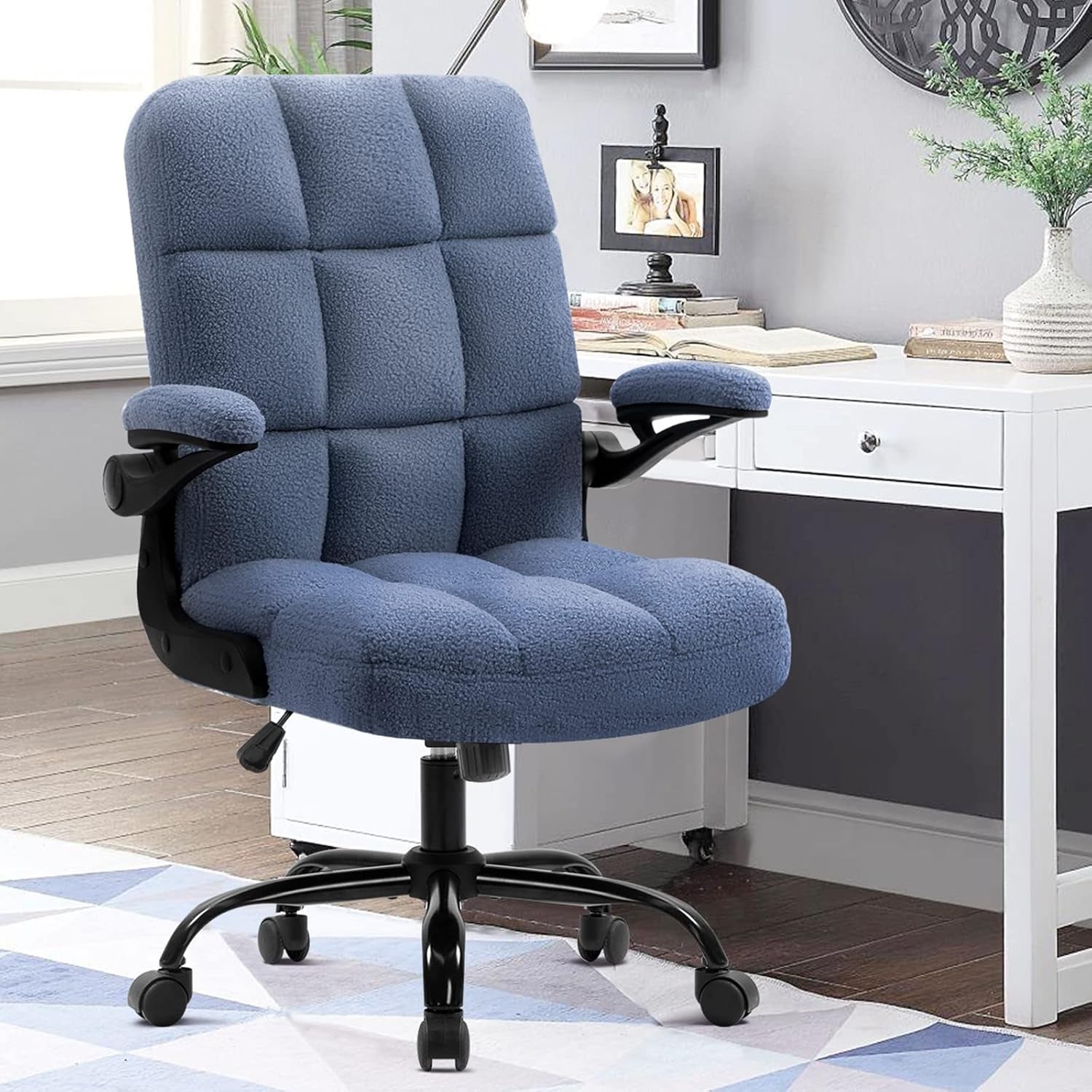 🌸Pink Ergonomic Office Chair with Flip-Up Arms – Faux Fur Velvet Desk Chair, Adjustable Height & Wheels, Cozy Gaming and Work Station Seating