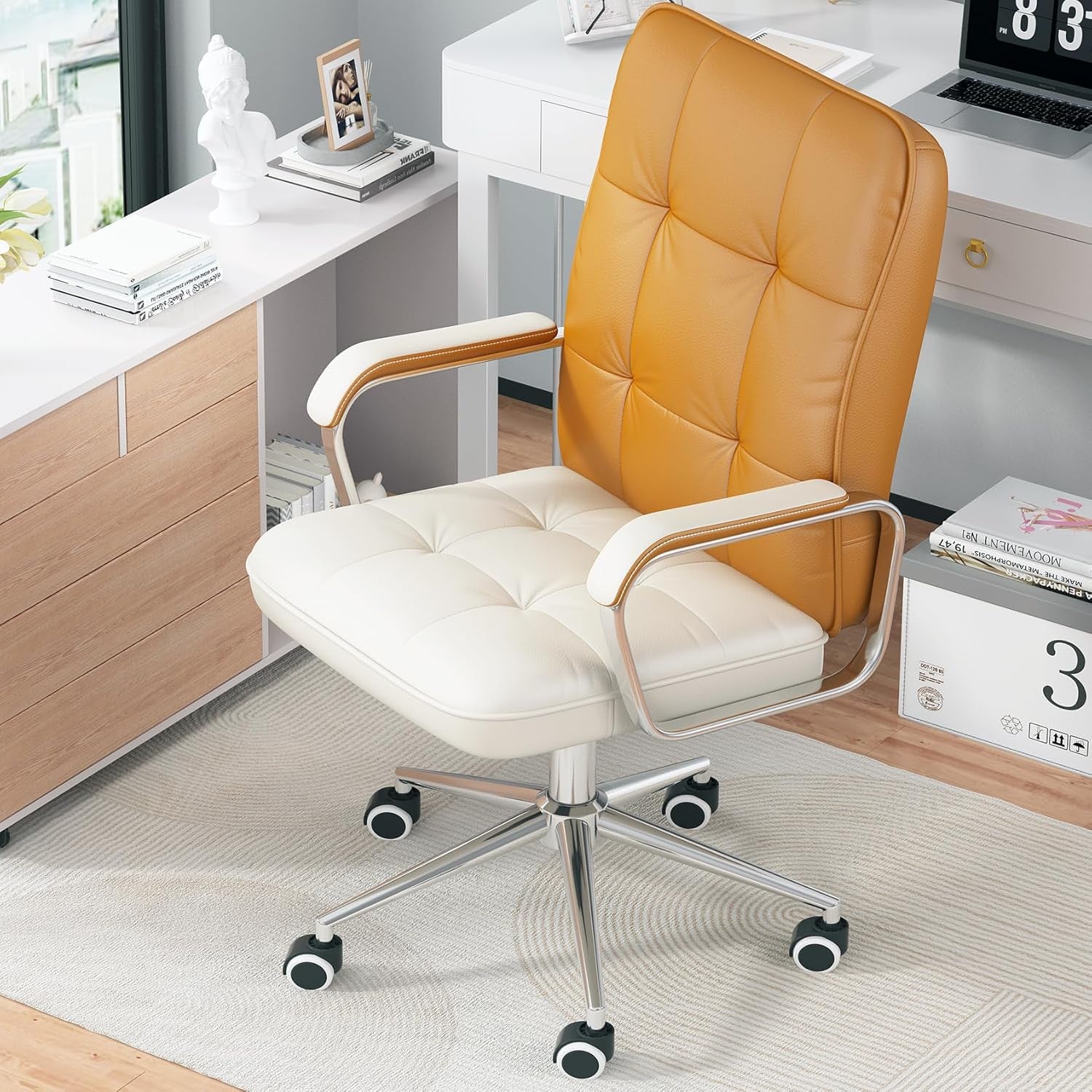 🌸Blossom Luxe: Pink PU Leather Office Chair – Adjustable Swivel Desk Chair with Wheels and Padded Arms | Cherry Blossom Collection
