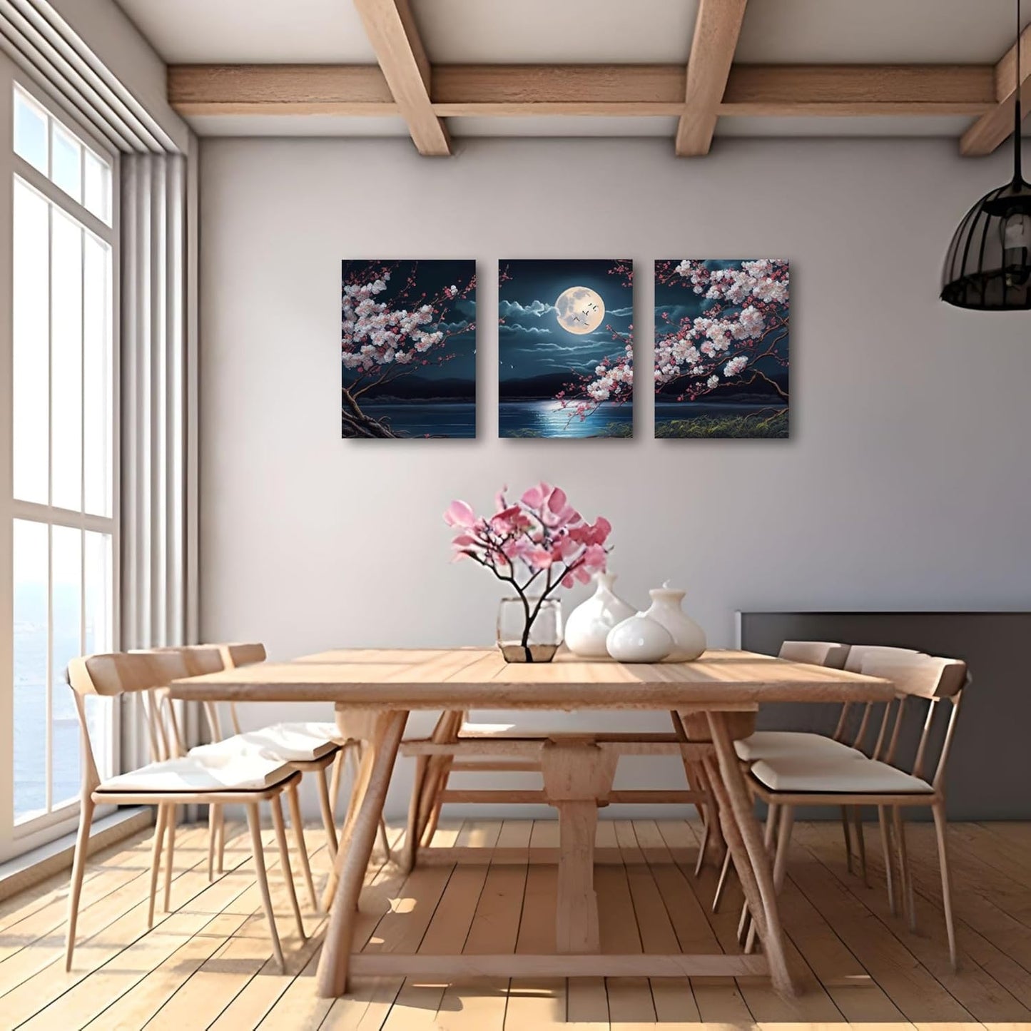 🌸🎑Cherry Blossom Moon Lake Framed Canvas Wall Art – Set of 3 | Japanese-Inspired Floral Landscape Prints for Game Stations, Offices & Home Decor | 16"x12" Each | Geek Findings Cherry Blossom Collection
