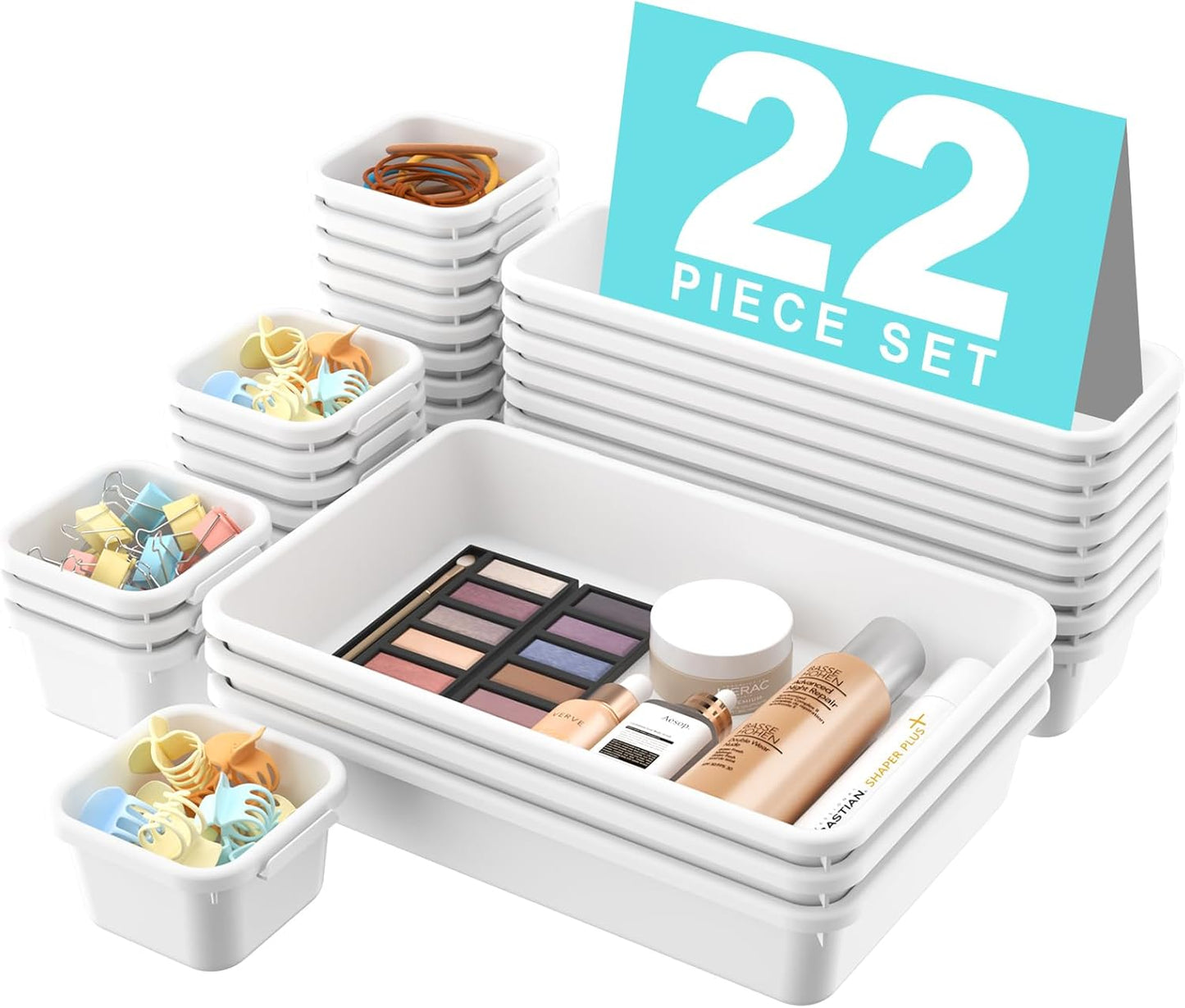 🧩 22-Piece Drawer Organizer Set – Multi-Size Plastic Storage Bins for Desk, Bathroom, Vanity, Kitchen & Office | Stackable, Easy-Clean, Customizable Drawer Dividers