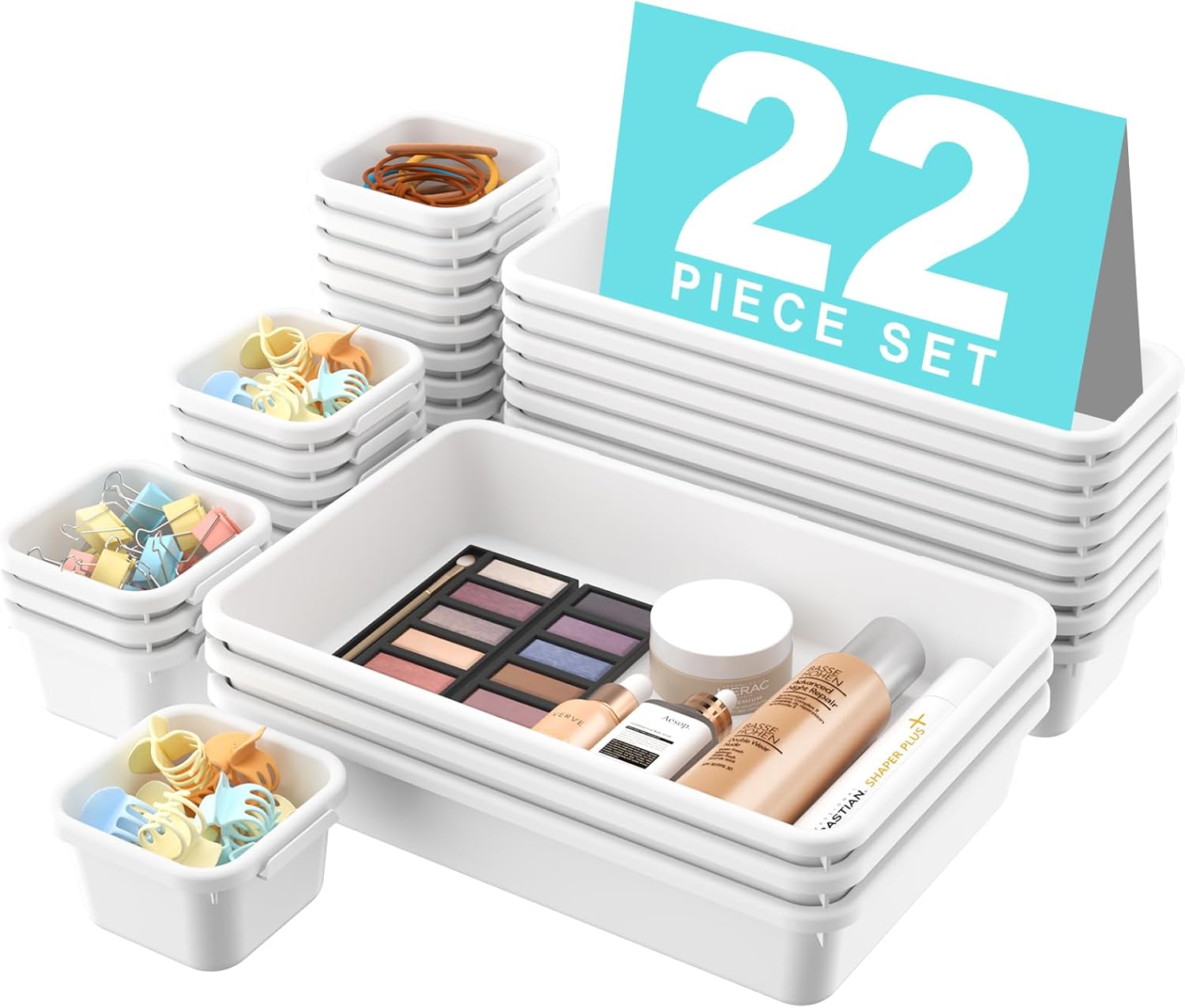 🧩 22-Piece Drawer Organizer Set – Multi-Size Plastic Storage Bins for Desk, Bathroom, Vanity, Kitchen & Office | Stackable, Easy-Clean, Customizable Drawer Dividers