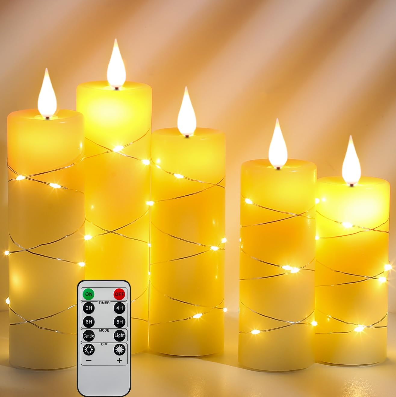 ๐ธ Pink Flameless Candles with Fairy String Lights โ Real Wax LED Candles with Remote & Timer, 3-Pack โ Perfect for Home, Office, and Gaming Spaces