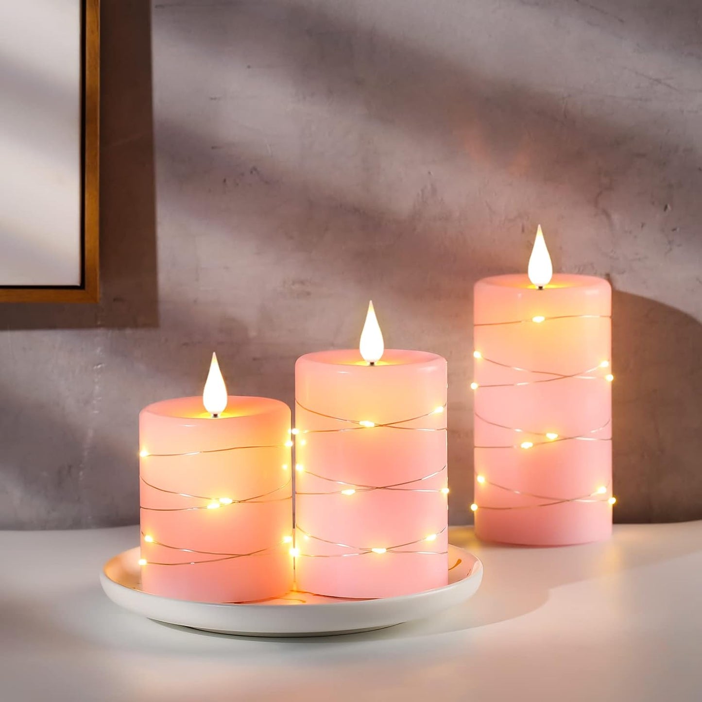 ๐ธ Pink Flameless Candles with Fairy String Lights โ Real Wax LED Candles with Remote & Timer, 3-Pack โ Perfect for Home, Office, and Gaming Spaces