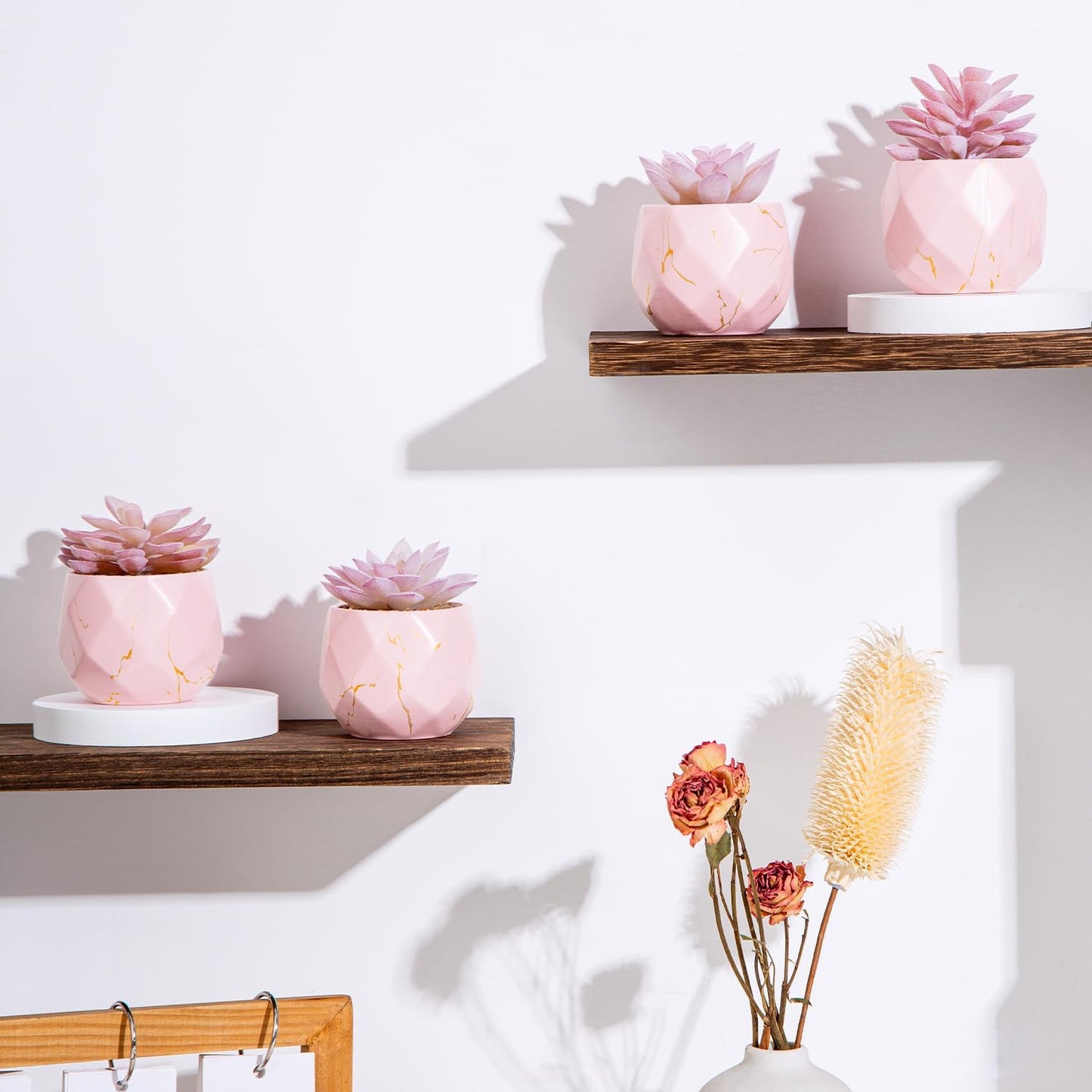 Artificial Succulent Plants in 4 Pink Ceramic Pots, Cute Fake Plants for Vanity Decor, Office, Desk, Bathroom, Kitchen, Bedroom, Shelves Decor for Women, Girls Gift