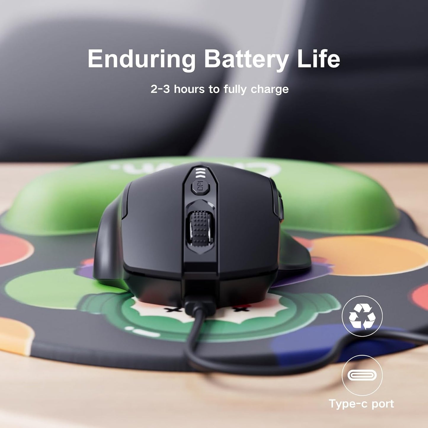 ⚡ Ergonomic Wireless Mouse with Visible Battery Level – 2.4GHz, Rechargeable, 4 DPI Settings